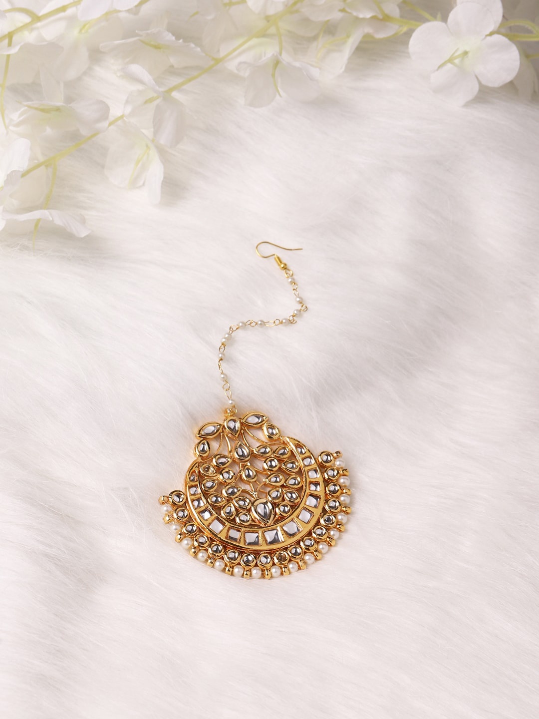 

Ruby Raang Gold-Plated White Kundan-Studded Maang Tikka