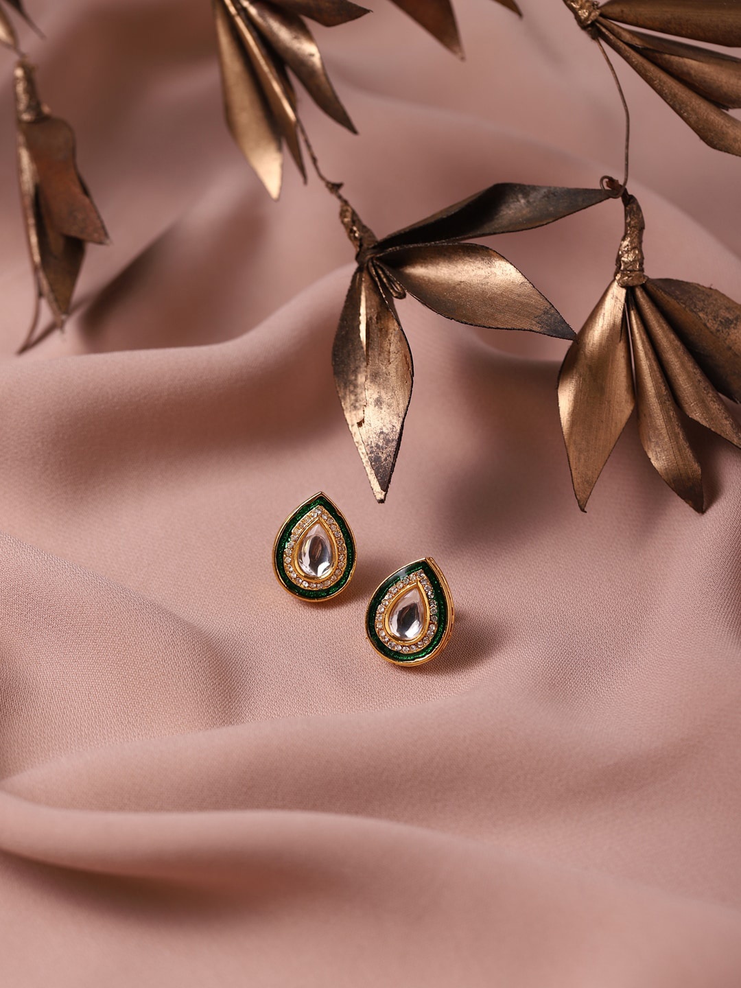 

Ruby Raang Green Gold Plated Teardrop Shaped Studs Earrings