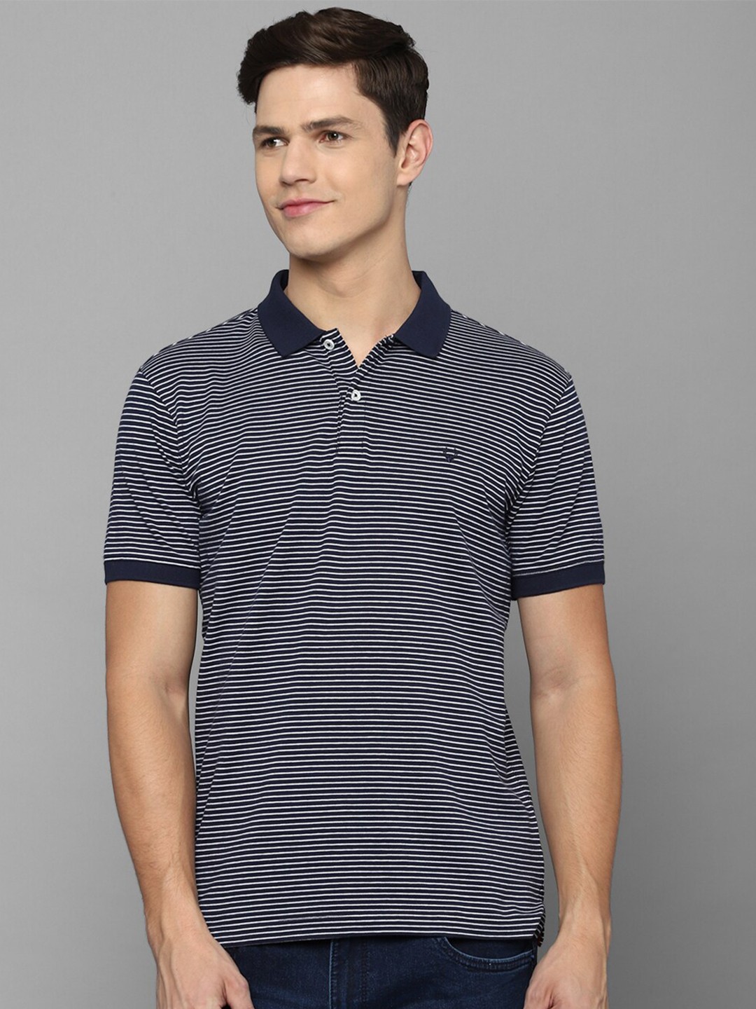 

Allen Solly Men Navy Blue Striped Polo Collar Pure Cotton T-shirt