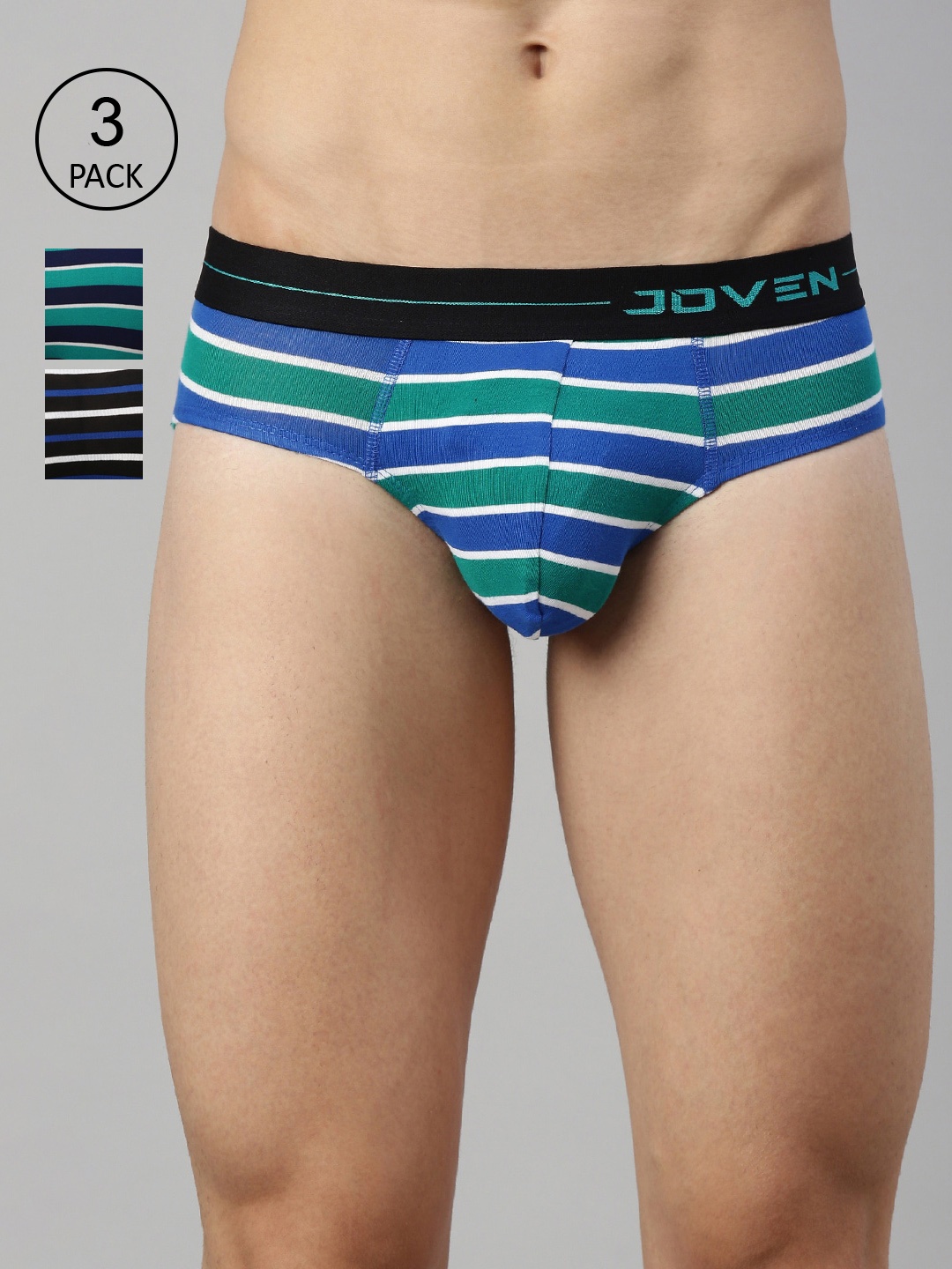 

Joven Men Pack Of 3 Striped Cotton Basic Briefs, Blue