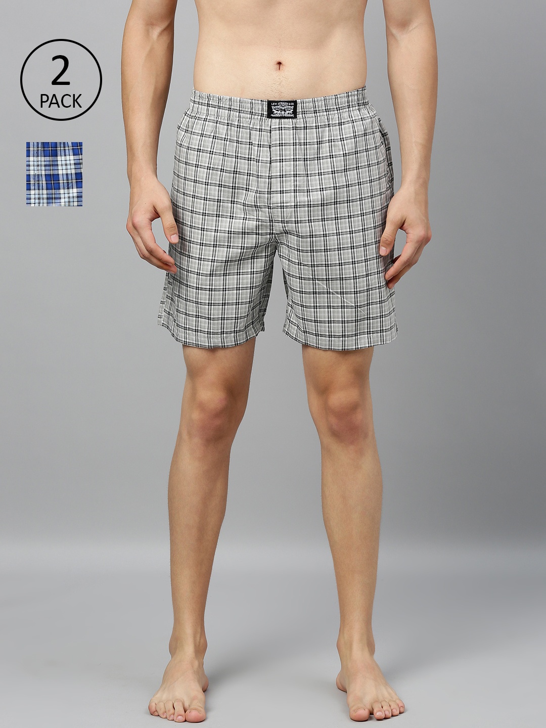 Levis Men Pack of 2 Pure Cotton Checked Boxers, Grey