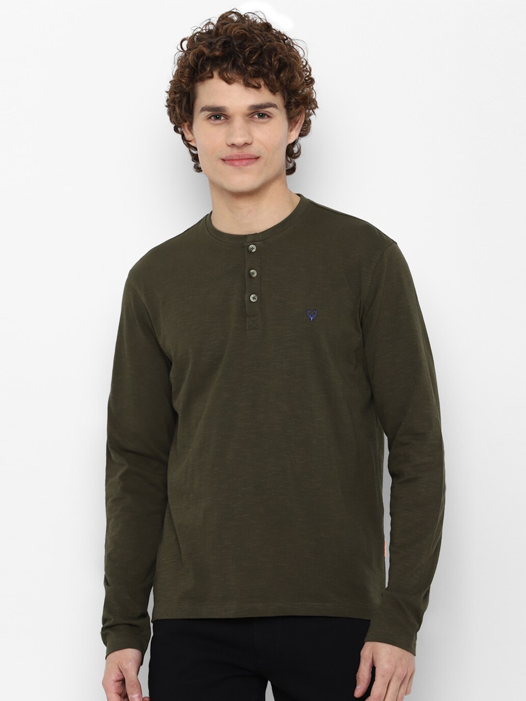 

Allen Solly Sport Men Olive Green Henley Neck Pure Cotton T-shirt