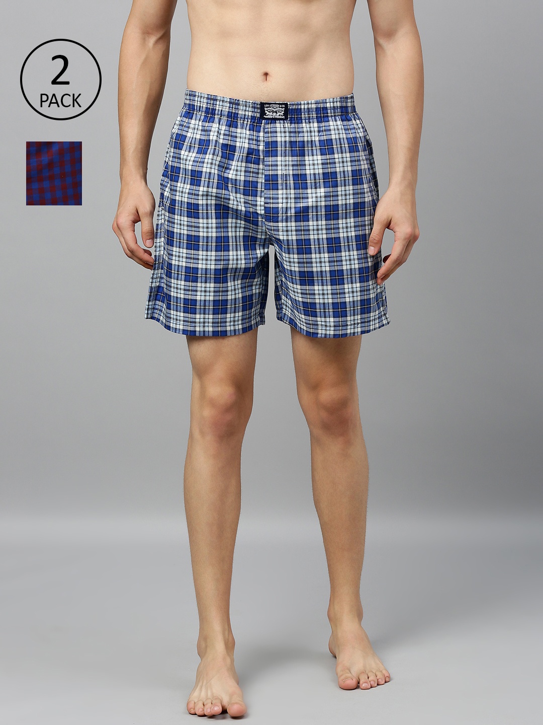 Levis Men Pack of 2 Pure Cotton Checked Boxers, Blue