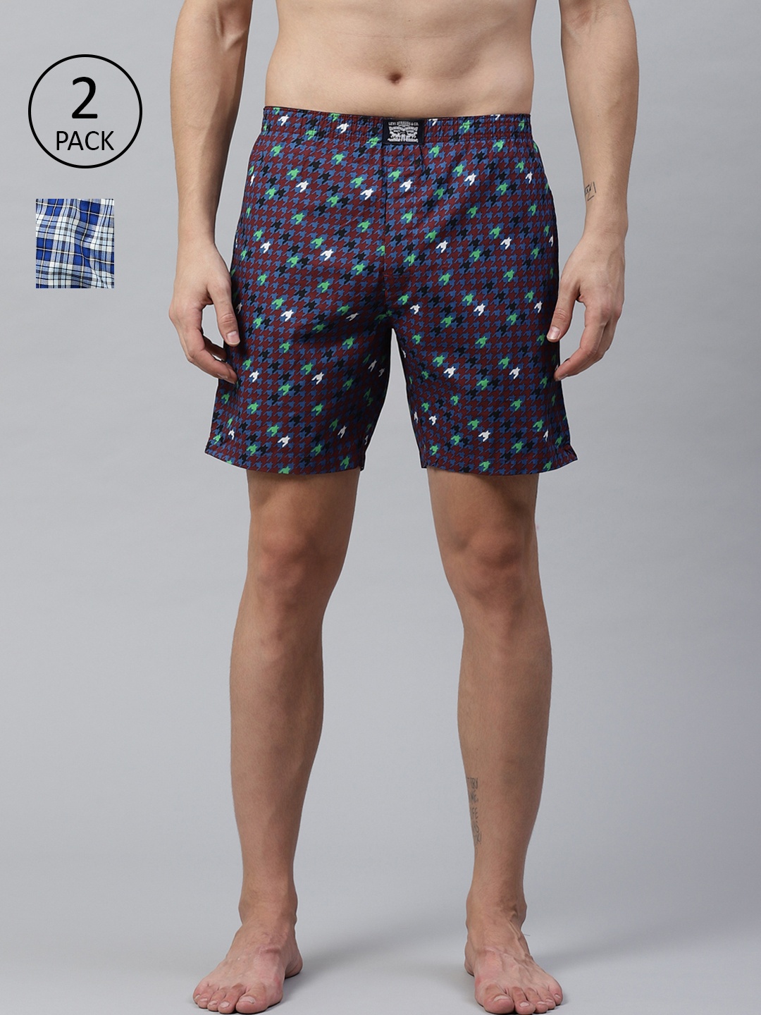 Levis Men Pack of 2 Pure Cotton Checked Boxers, Blue