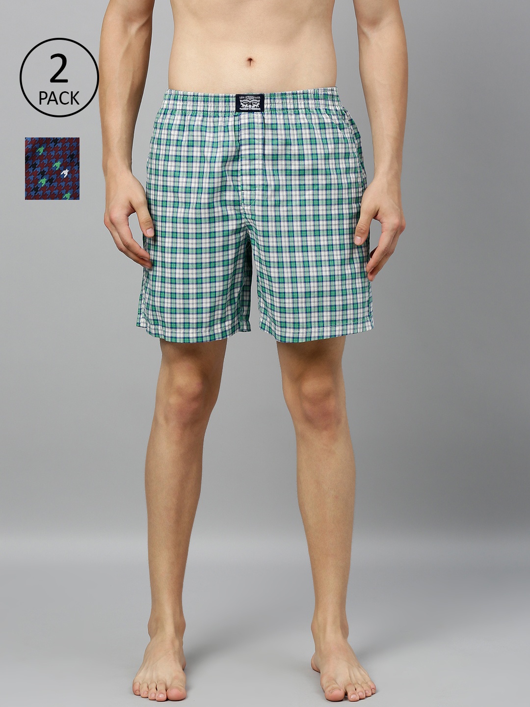 Levis Men Pack of 2 Pure Cotton Checked Boxers, Green