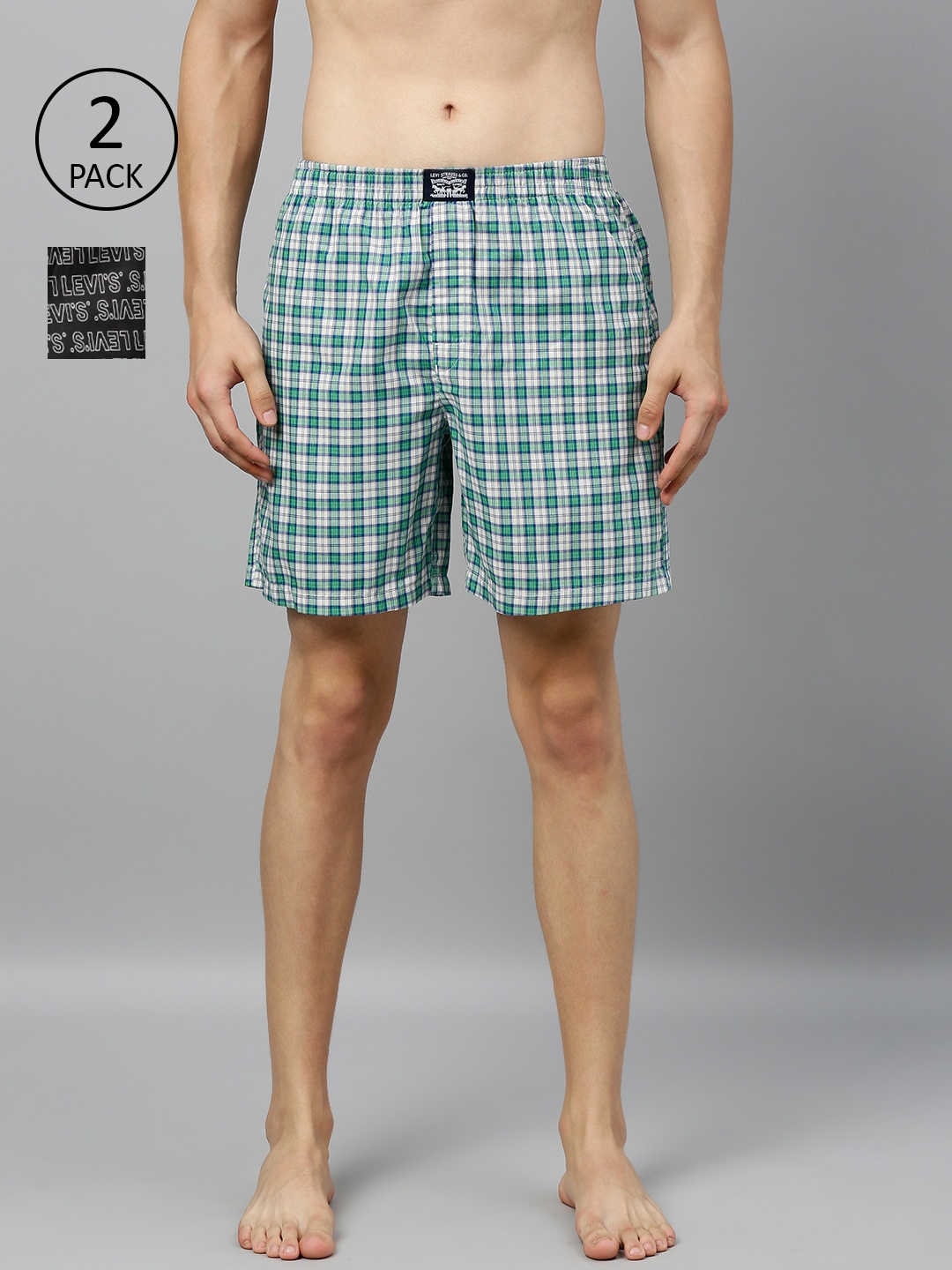 Levis Men Pack of 2 Pure Cotton Checked Boxers, Green