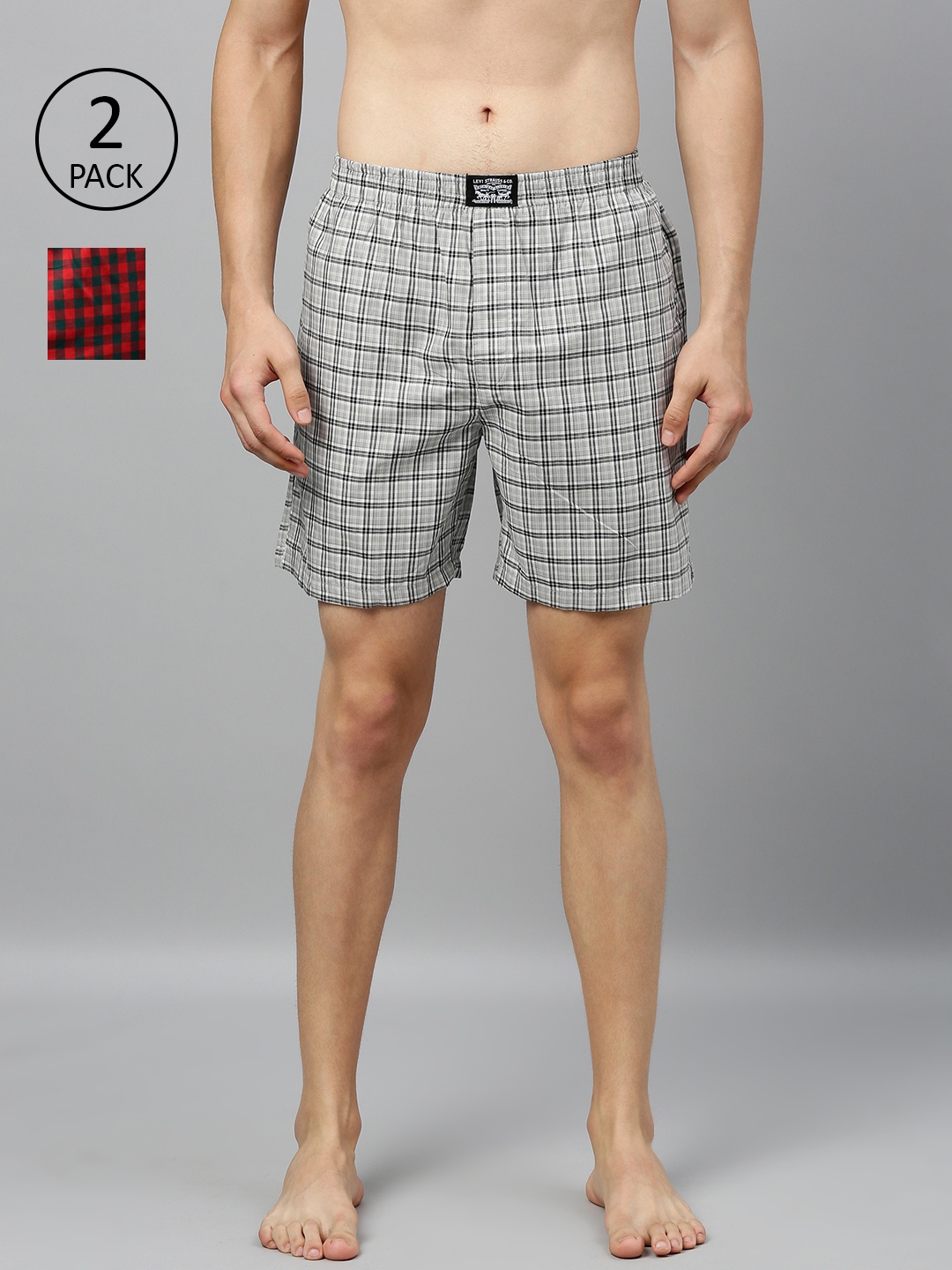 Levis Men Pack of 2 Pure Cotton Checked Boxers, Grey