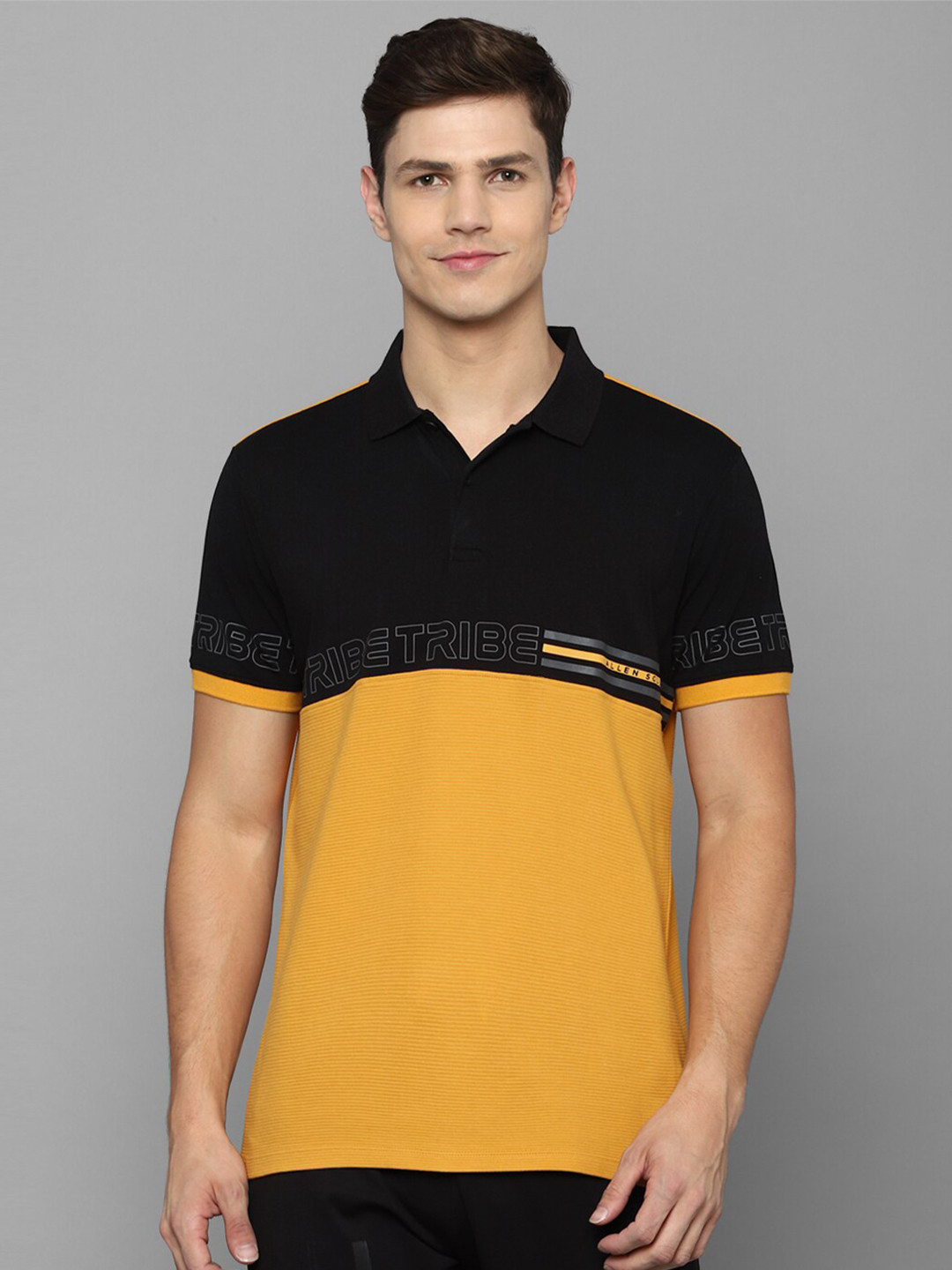 

Allen Solly Tribe Men Yellow & Black Colourblocked Polo Collar Pure Cotton T-shirt
