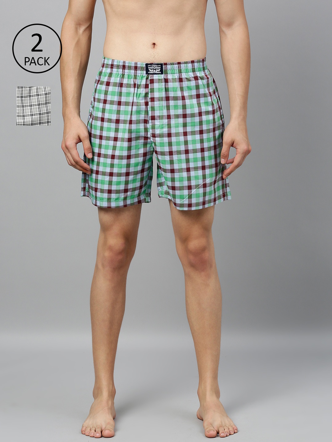 Levis Men Pack of 2 Pure Cotton Checked Boxers, Grey