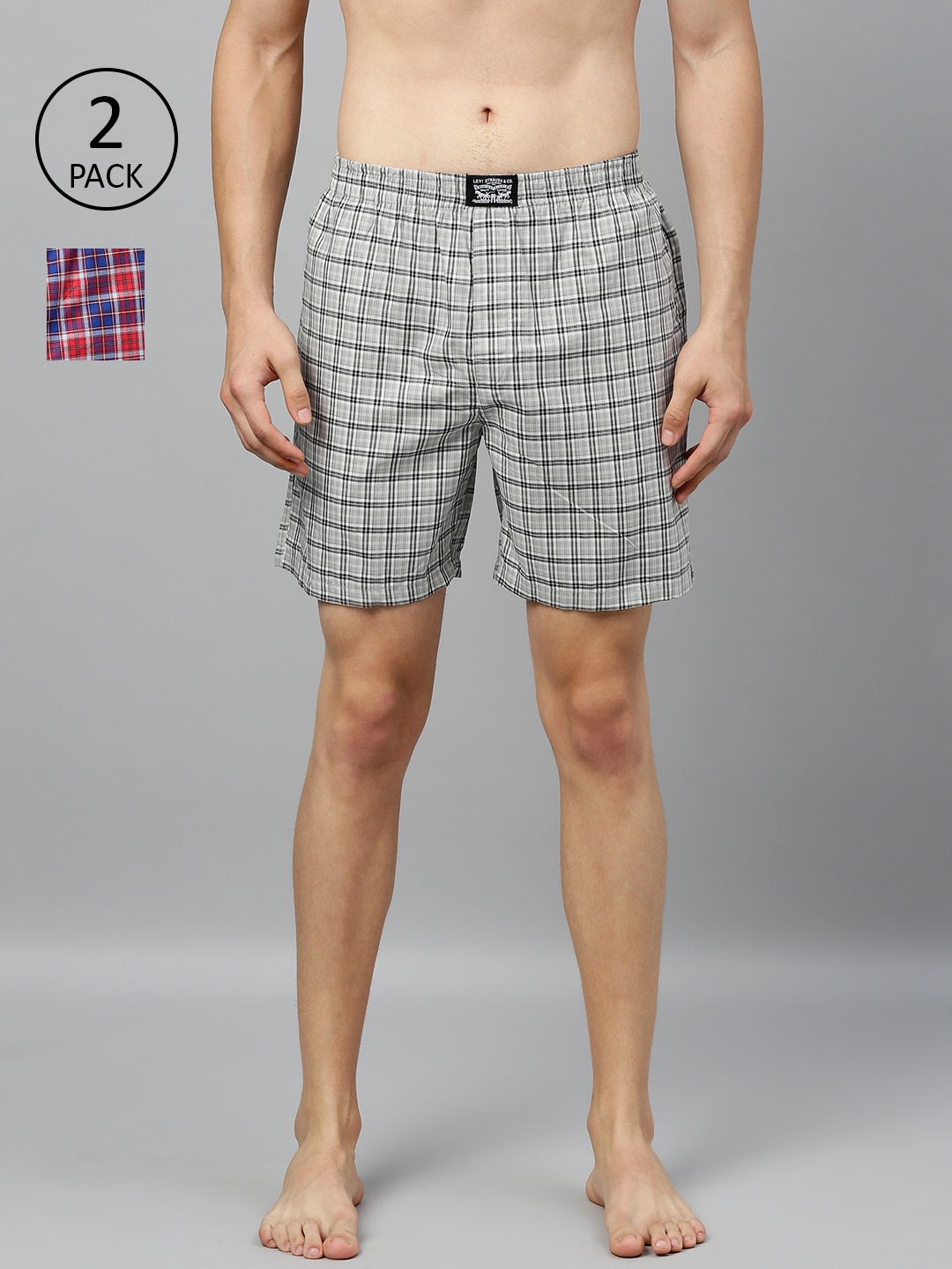 Levis Men Pack of 2 Pure Cotton Checked Boxers, Grey