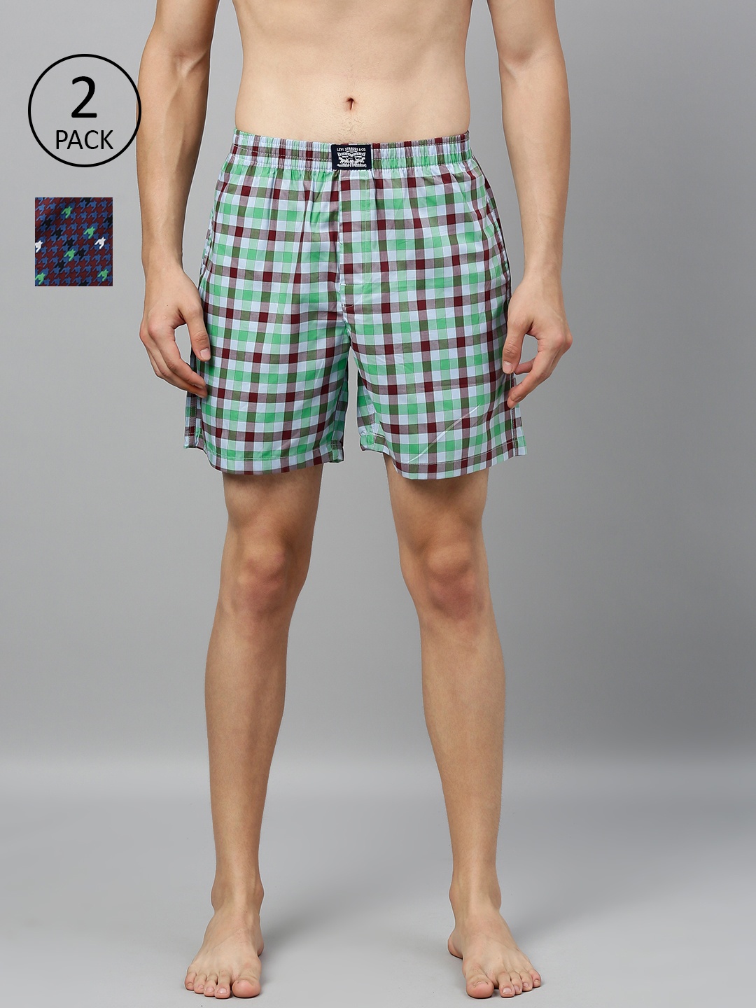 Levis Men Pack of 2 Pure Cotton Checked Boxers, Green