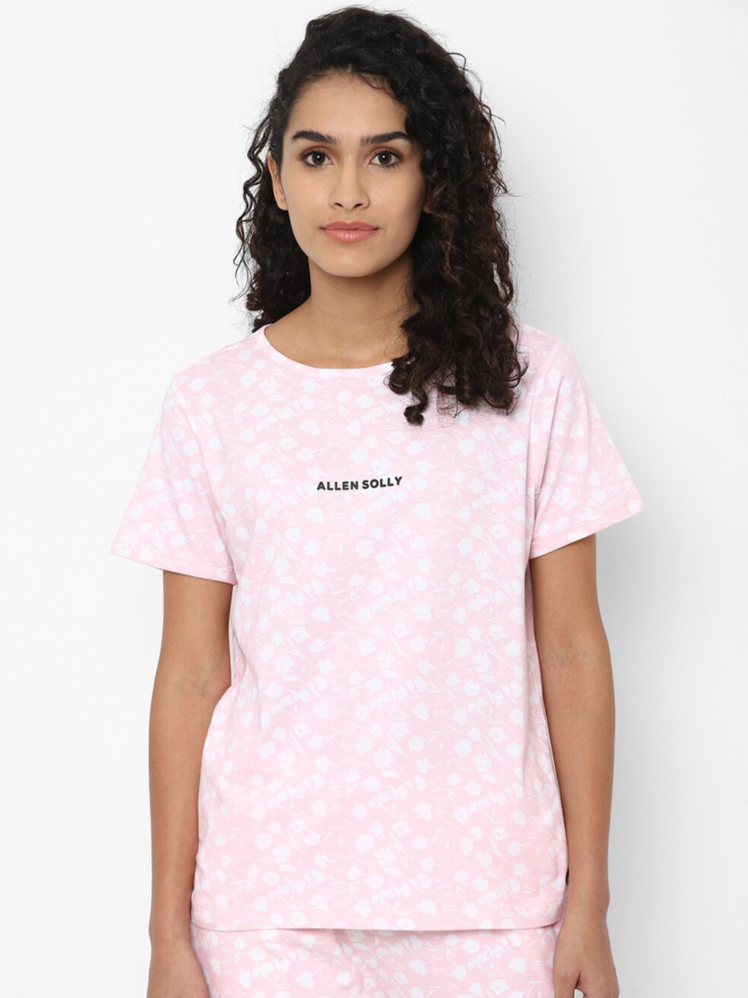 

Allen Solly Woman Women Pink & White Floral Pure Cotton T-shirt