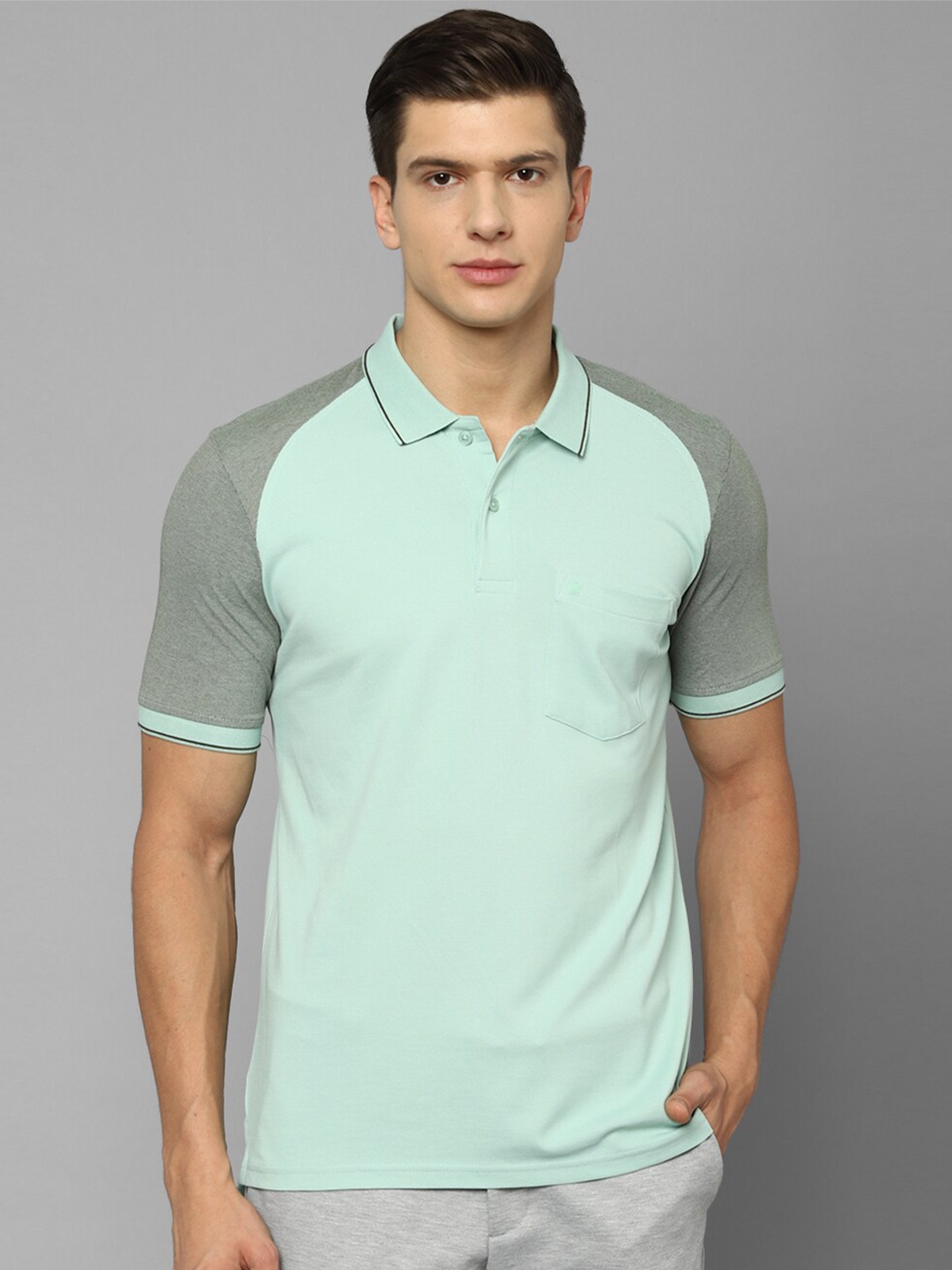 

Louis Philippe Men Sea Green & Grey Colourblocked Polo Collar T-shirt