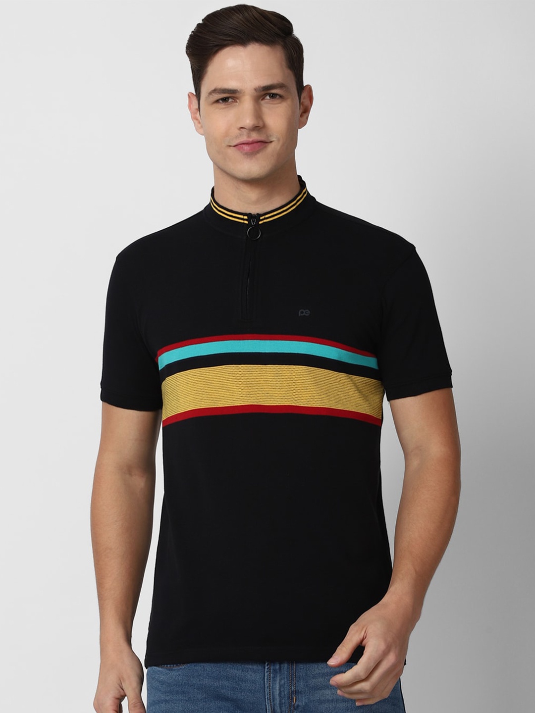 

Peter England Casuals Men Black Striped High Neck Slim Fit T-shirt