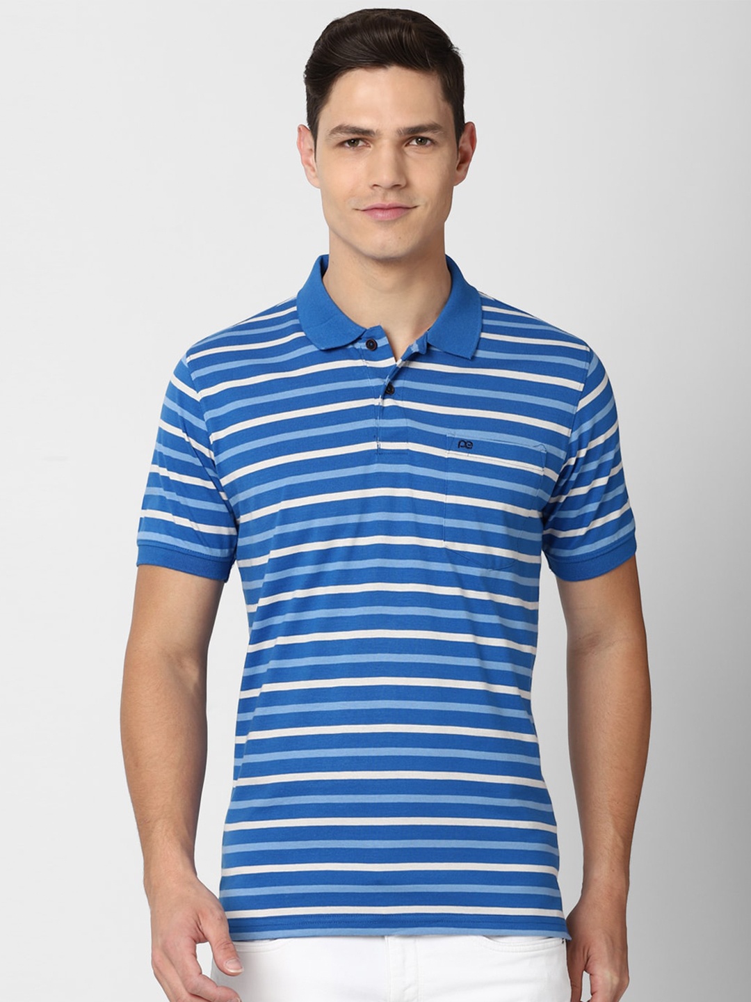 

Peter England Casuals Men Blue Striped Polo Collar T-shirt