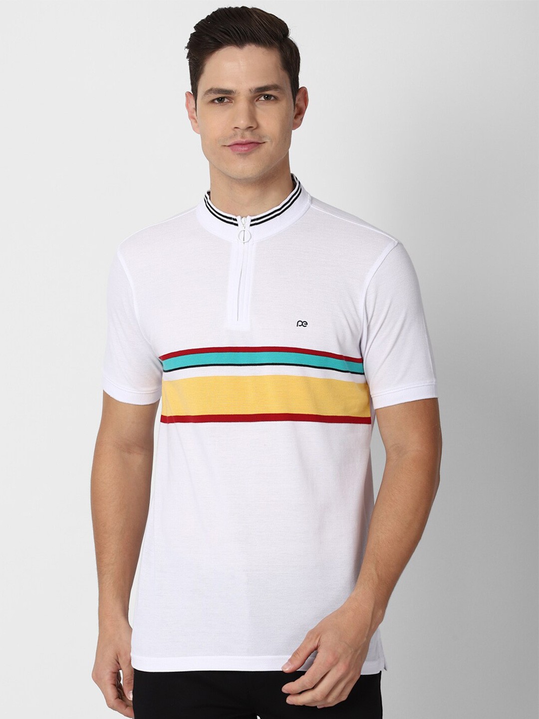

Peter England Casuals Men White Striped High Neck Slim Fit T-shirt