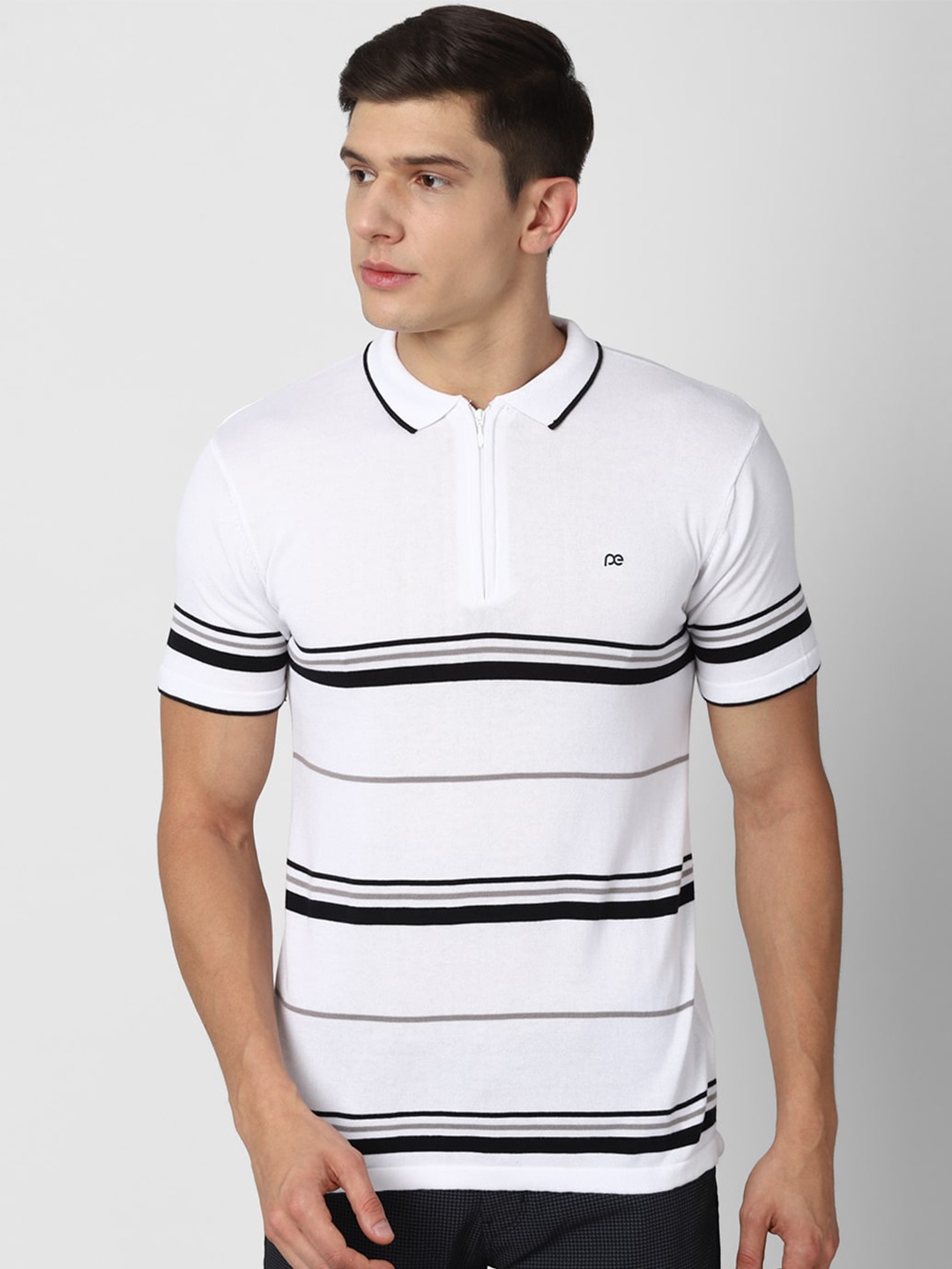 

Peter England Casuals Men White Striped Polo Collar Slim Fit T-shirt