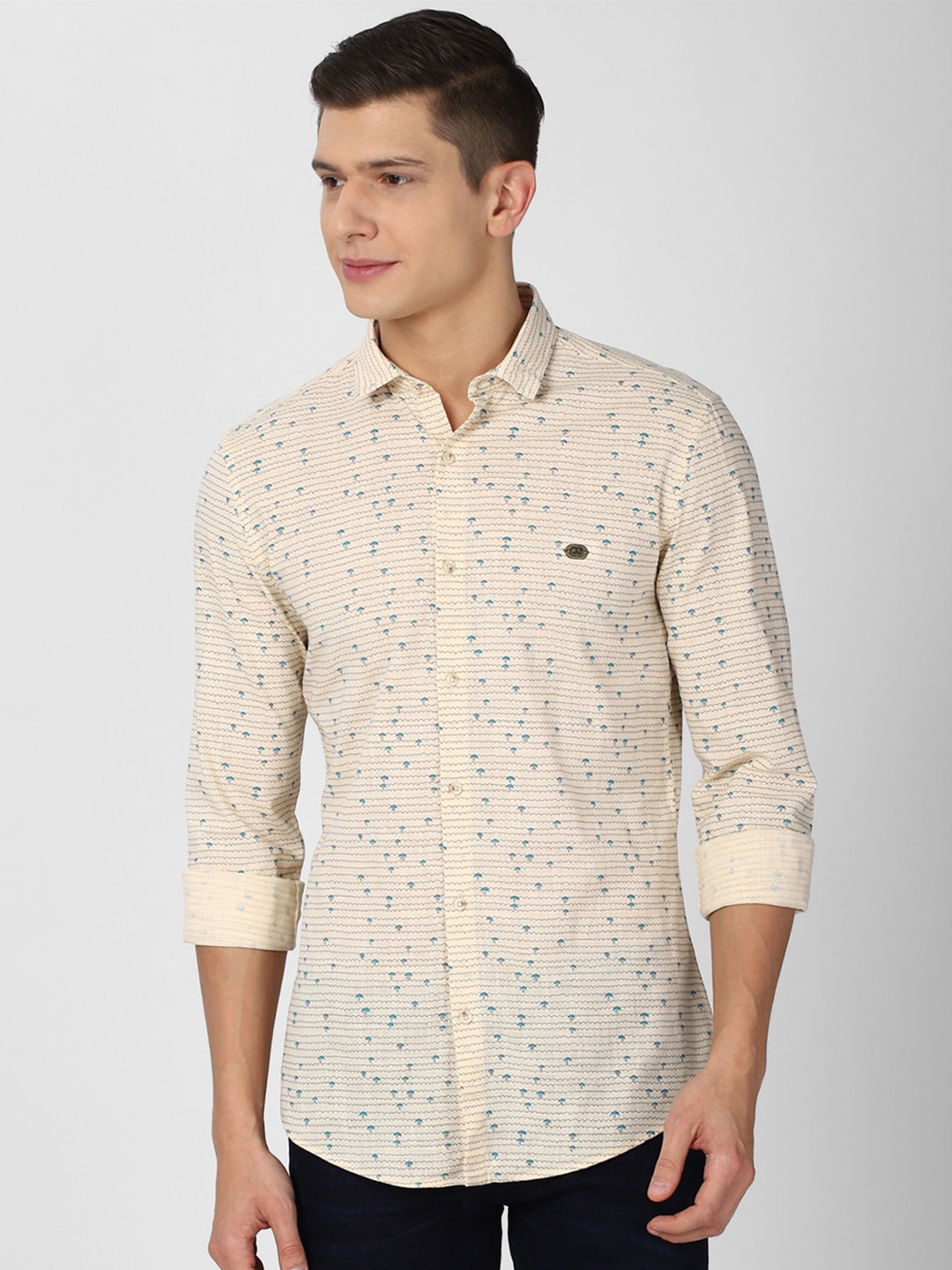 

Peter England Casuals Men Cream-Coloured Slim Fit Printed Pure Cotton Casual Shirt