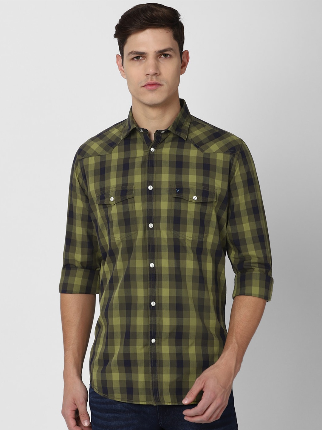 

VAN HEUSEN DENIM LABS Men Olive Green Slim Fit Checked Casual Shirt