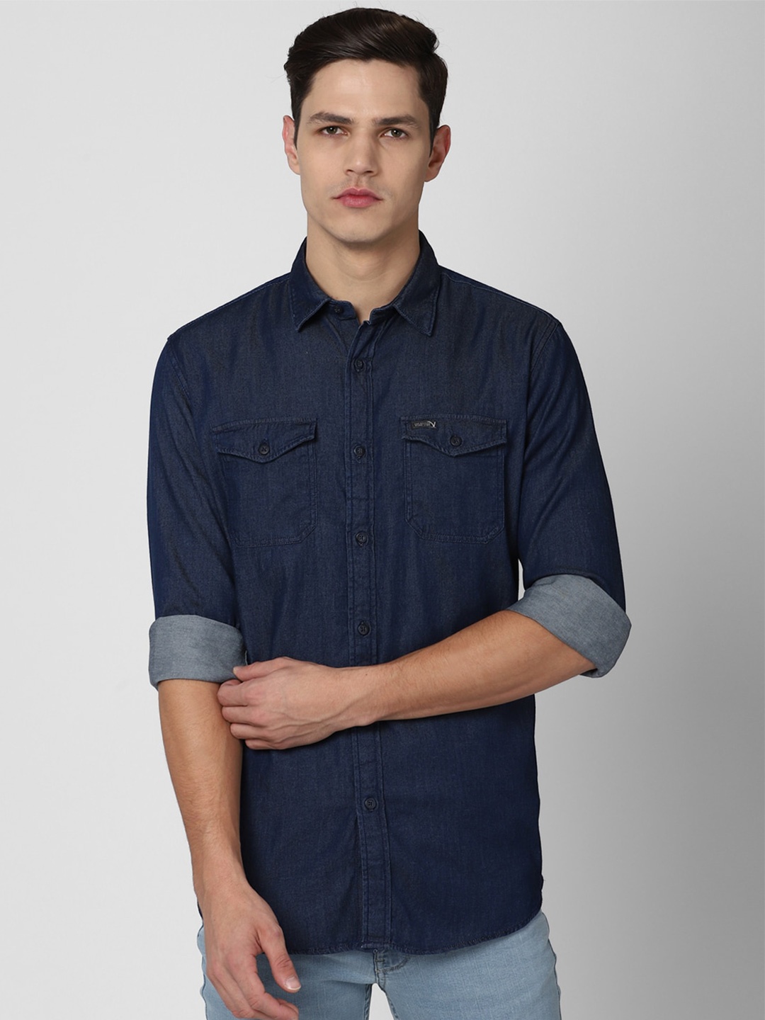 

VAN HEUSEN DENIM LABS Men Navy Blue Solid Slim Fit Casual Shirt