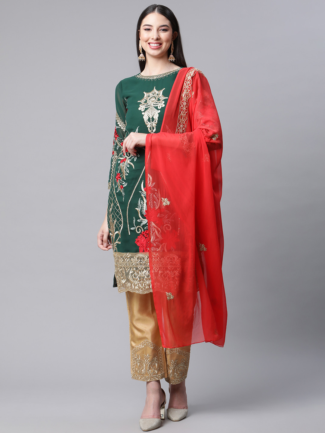 

Readiprint Fashions Green & Red Embroidered Semi-Stitched Dress Material