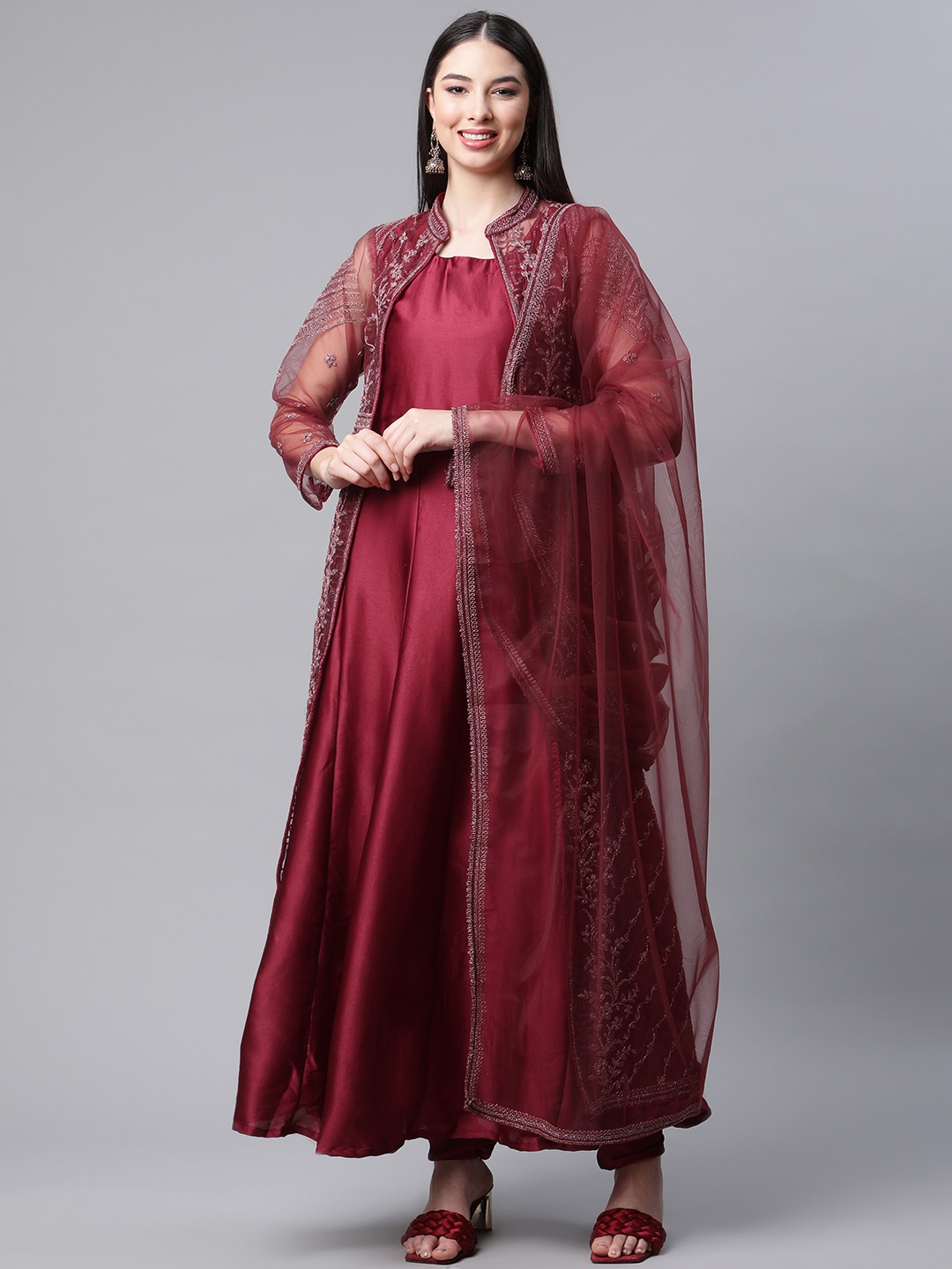 

Readiprint Fashions Maroon Embroidered Semi-Stitched Dress Material