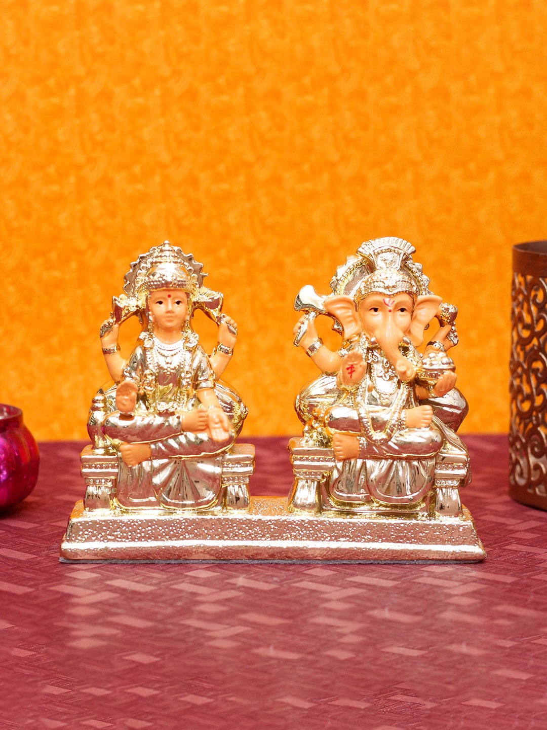 

StatueStudio Gold-Toned & Orange Ganesh & Laxmi Statue Showpiece
