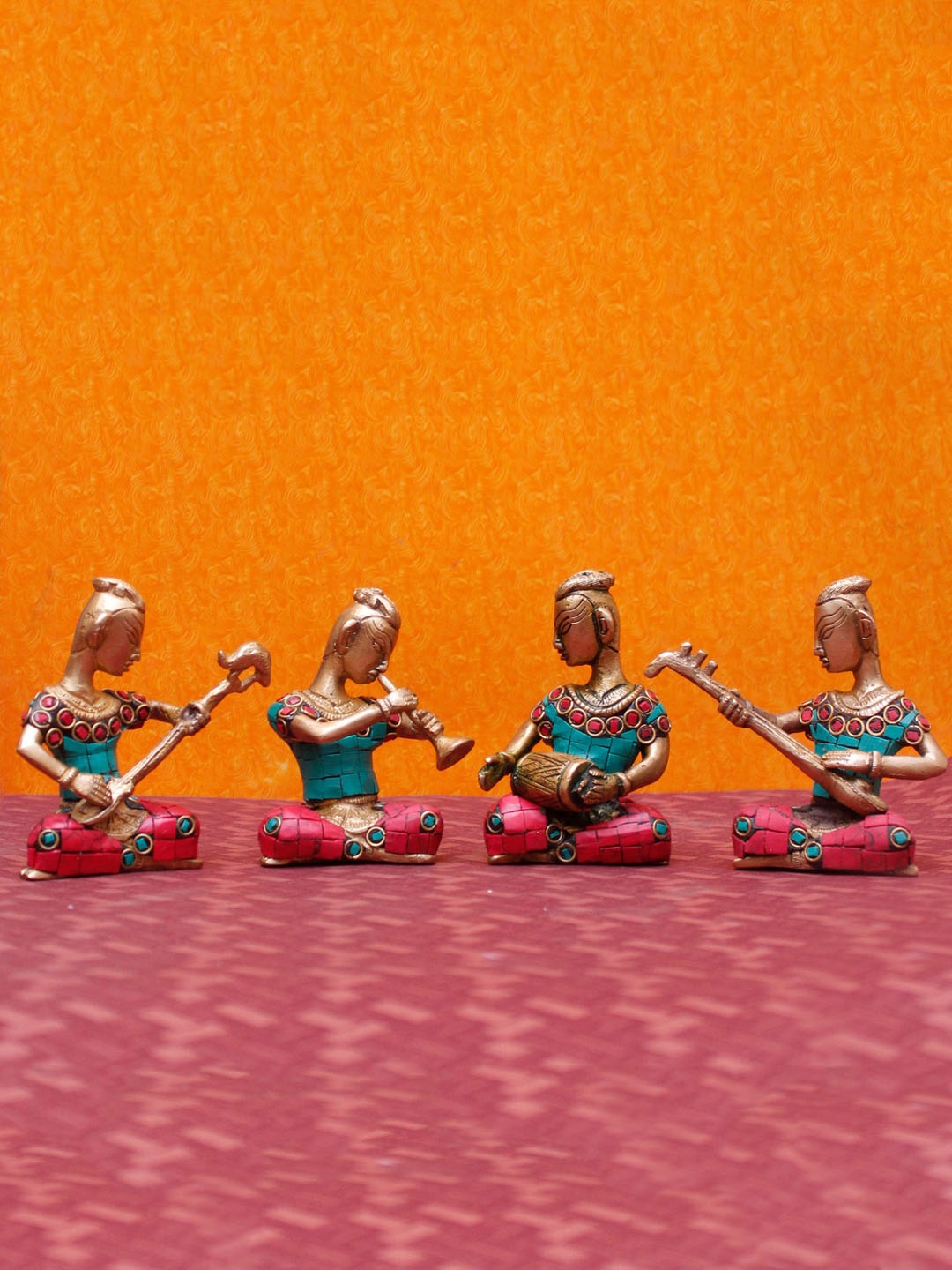 

StatueStudio Set Of 4 Gold-Toned & Blue Textured Musical Band Showpiece
