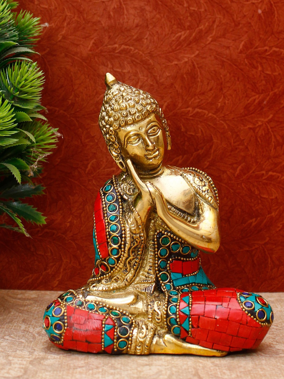 

StatueStudio Gold-Toned & Red Textured Brass Small Thinking Buddha Statue Showpiece
