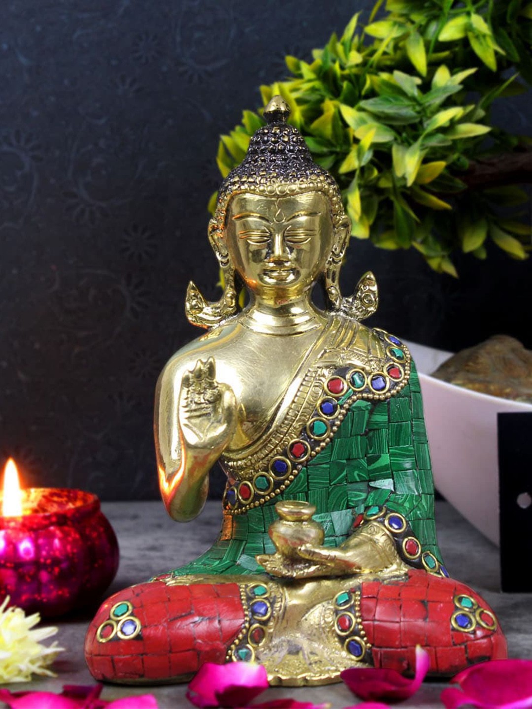 

StatueStudio Gold-Toned & Green Textured Blessing Buddha Showpiece