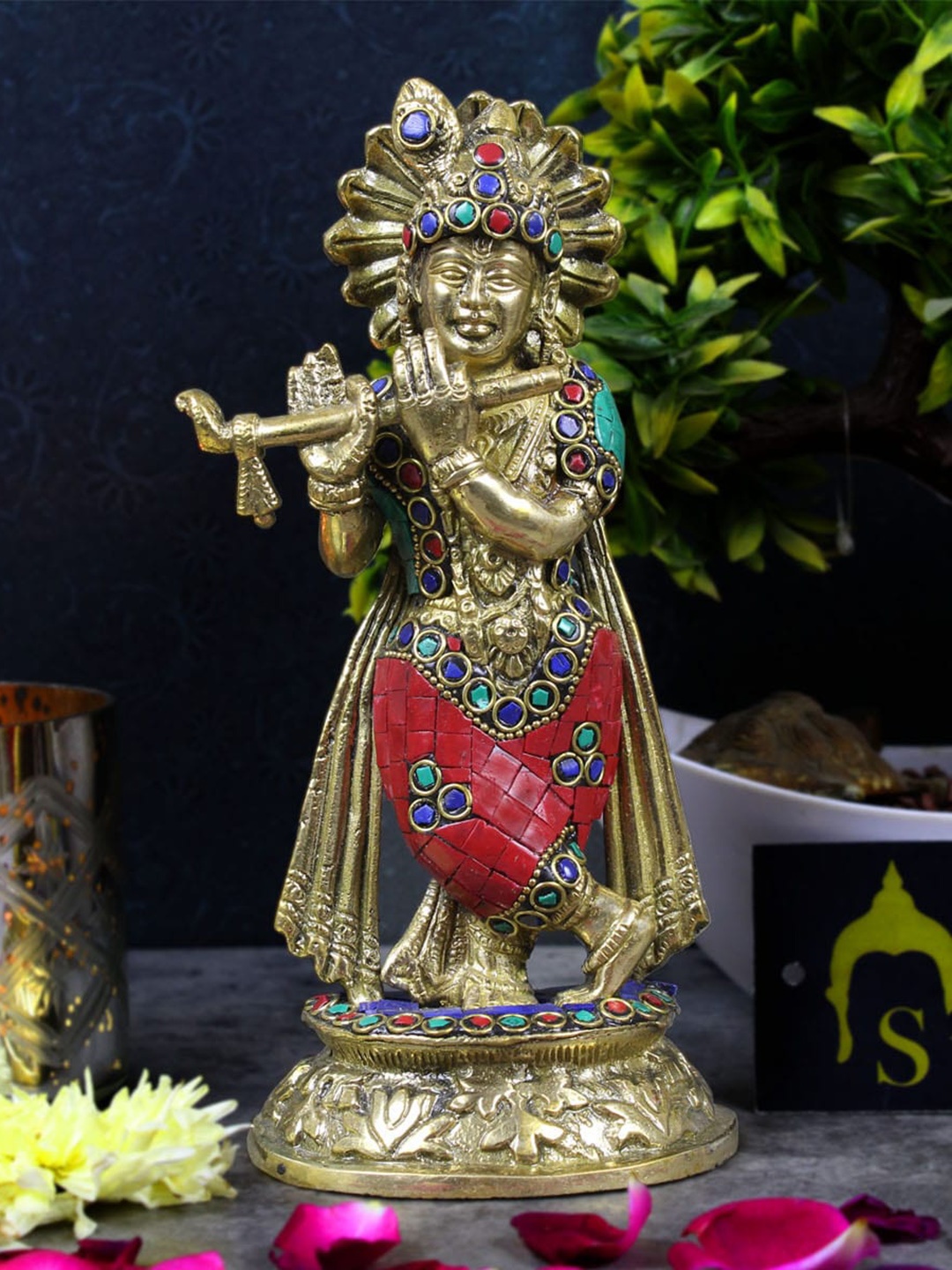 

StatueStudio Green & Gold-Toned Krishna Murli Manohar Idol Figurine Showpiece