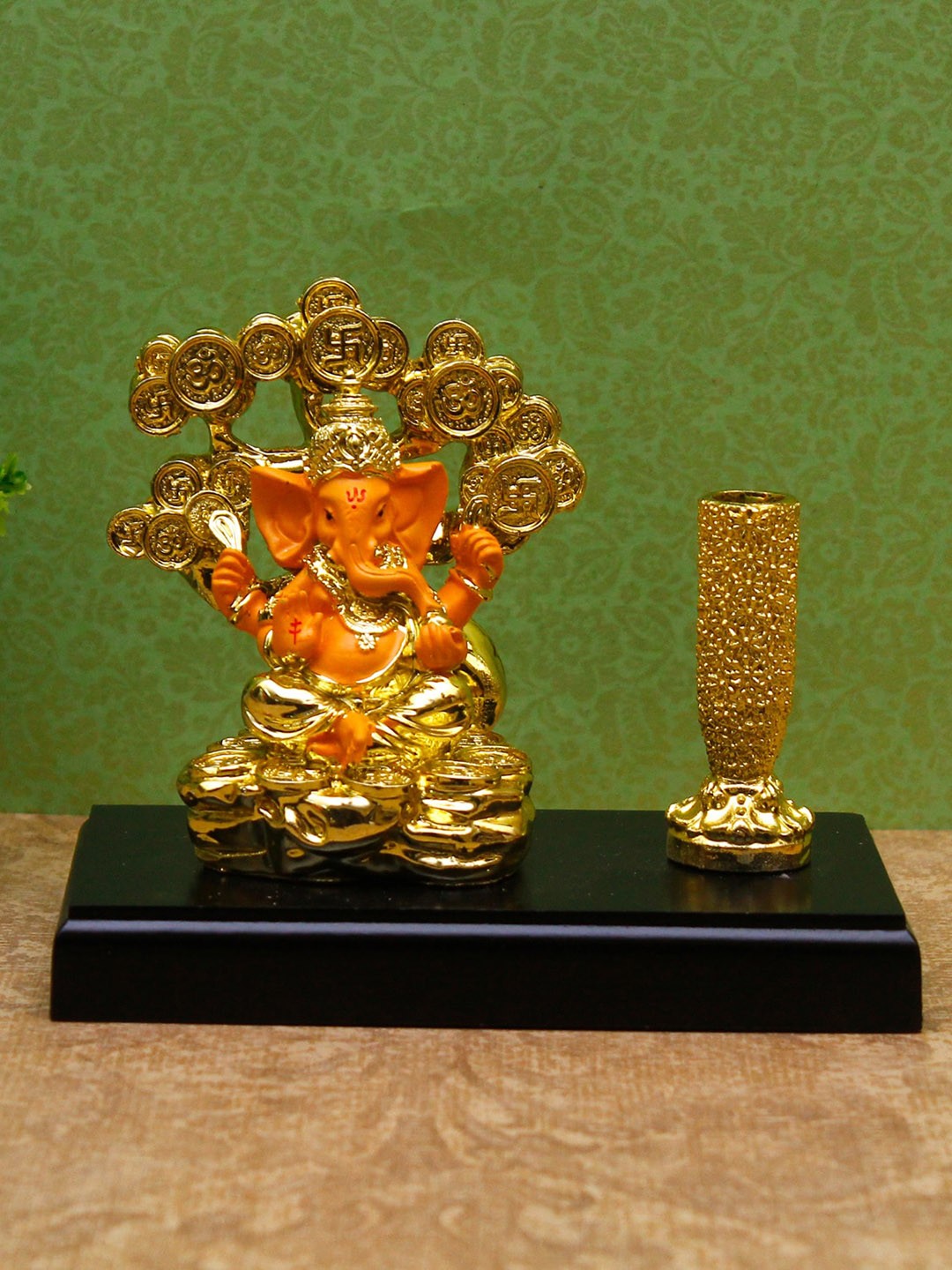 

StatueStudio Gold Toned & Orange Ganesha Figurine With Tree & Pen Holder Showpiece