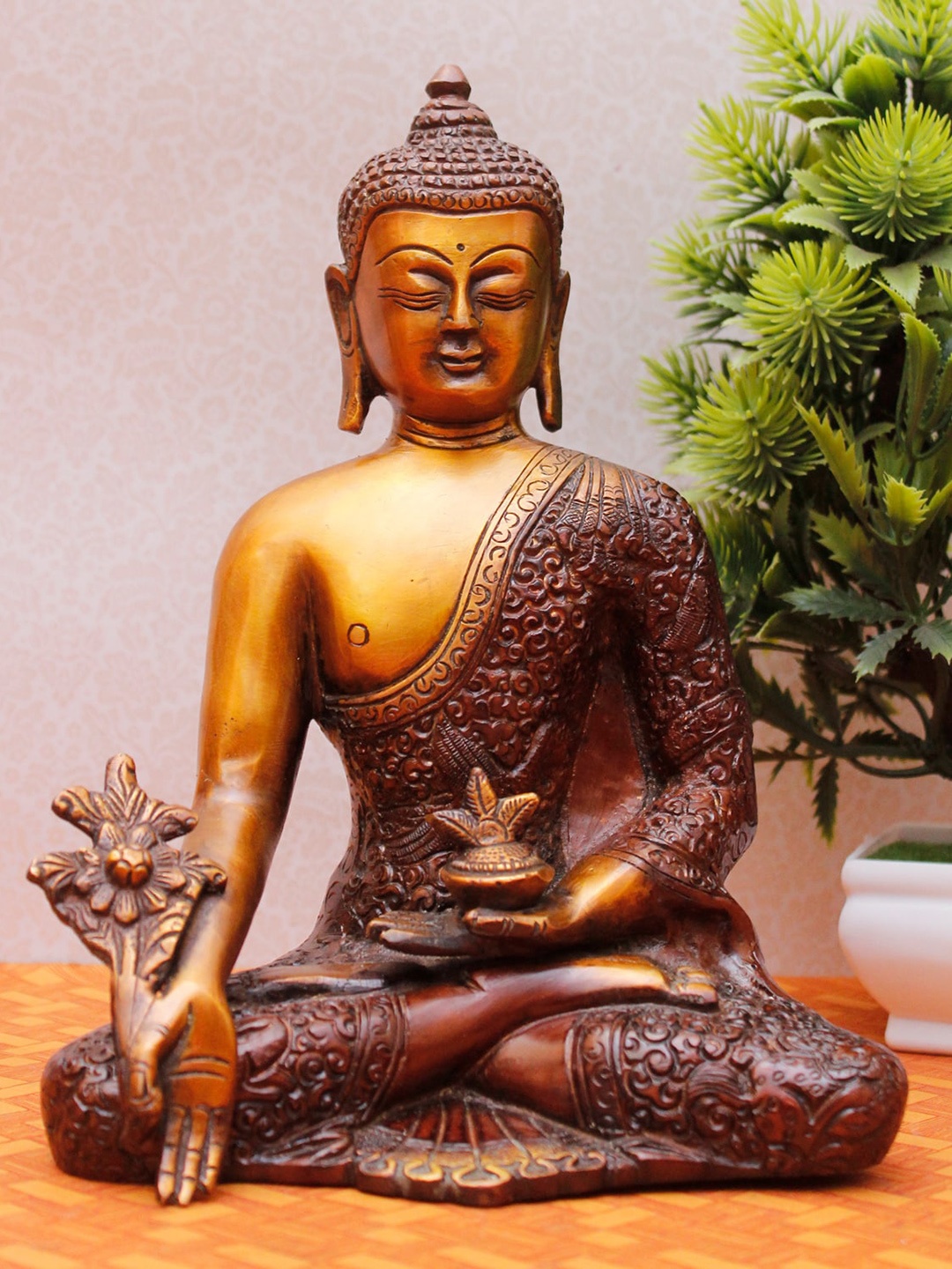 

StatueStudio Copper & Orange Metal Hand Crafted Carved Buddha Statue Showpiece