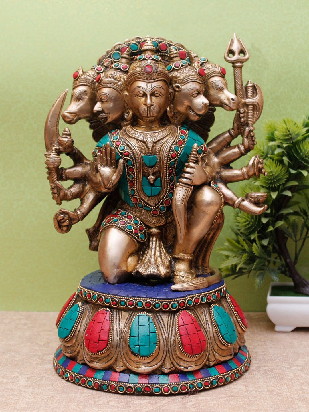 

StatueStudio Gold-Toned & Teal Panchmukhi Hanuman Idol Showpiece