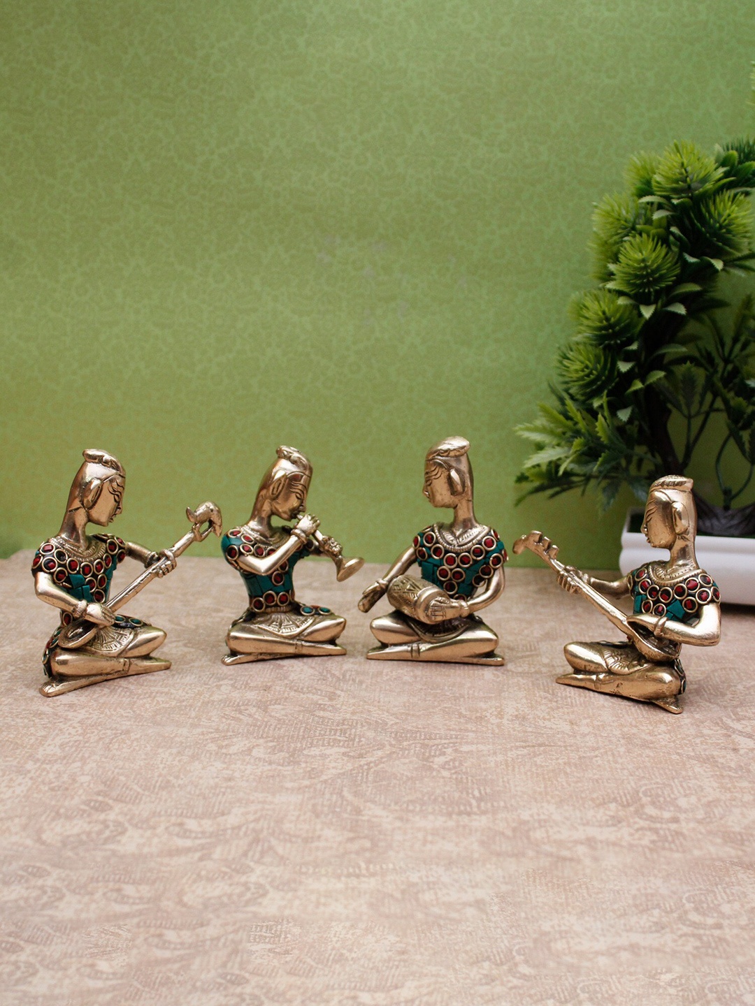

StatueStudio Set of 4 Gold Toned, Teal Blue & Red Musical Figurine Showpieces