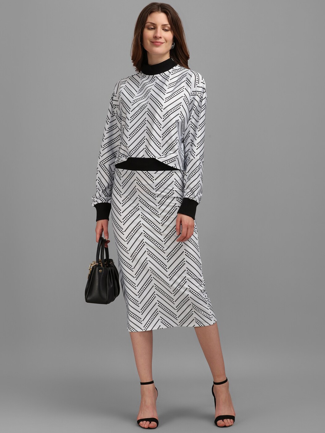 

PURVAJA Women White & Black High Neck Oversized Top with Skirt