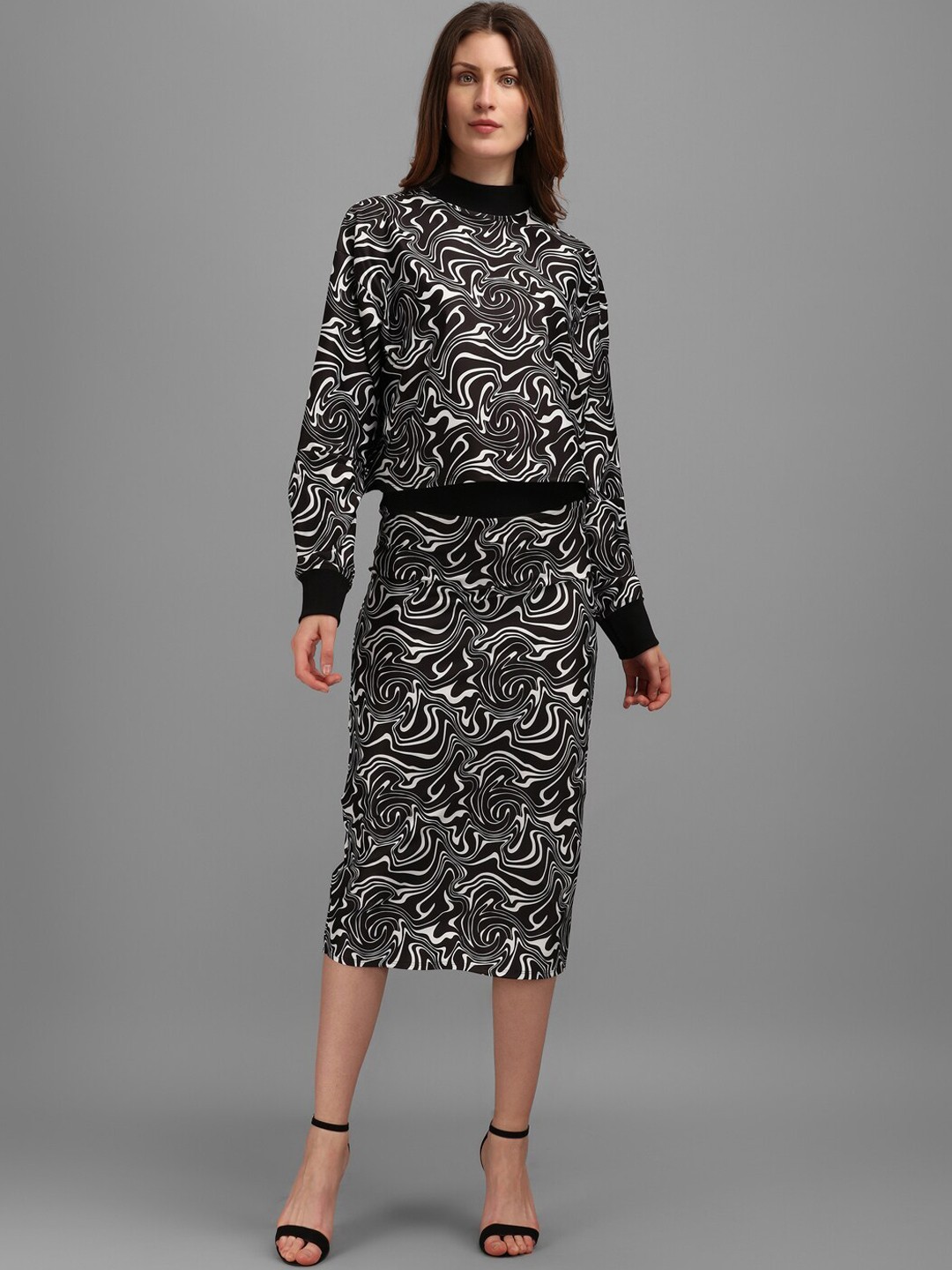 

PURVAJA Black Printed High Neck Oversized Top with Skirt