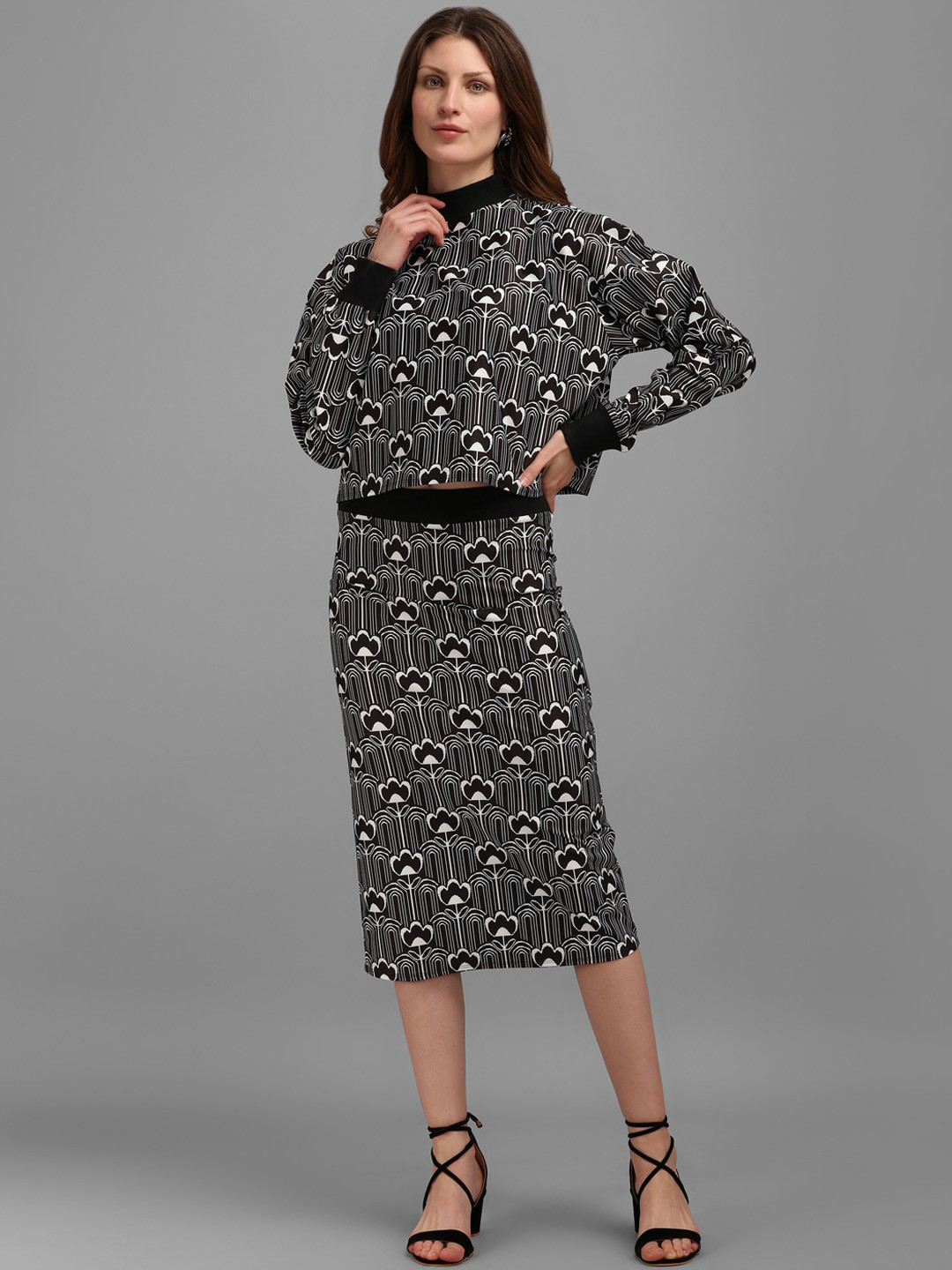 

PURVAJA Women Black Printed High Neck Oversized Top with Skirt