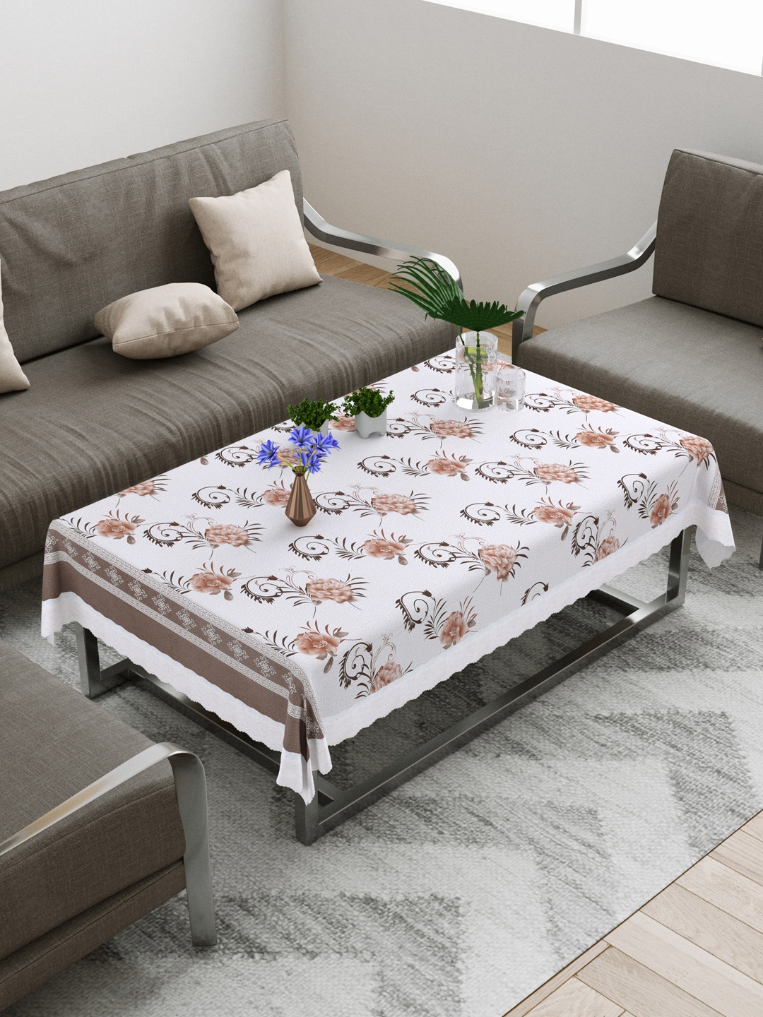 

DREAM WEAVERZ White & Brown Printed Centre Table Cover with Stitched Border