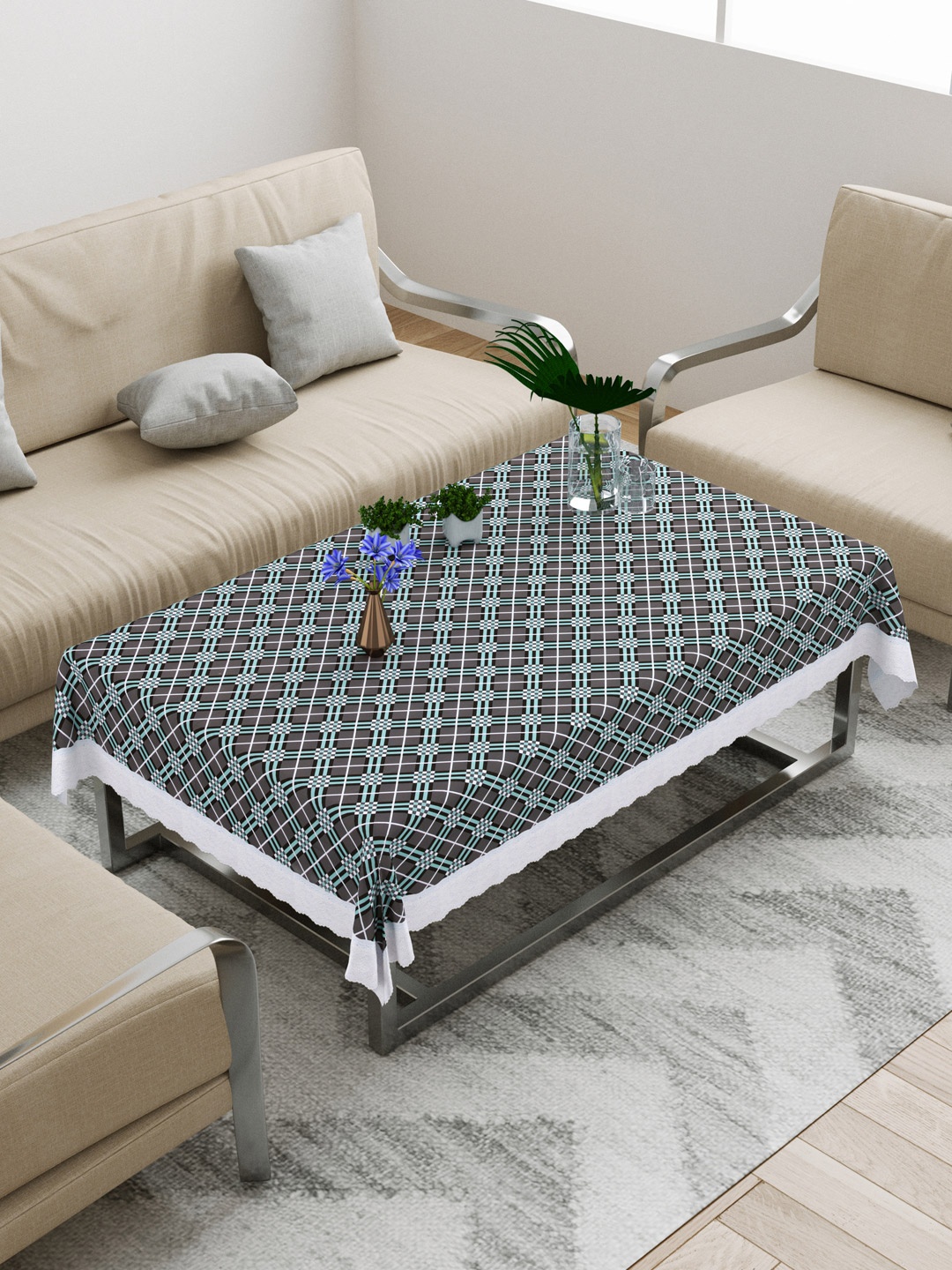 

DREAM WEAVERZ Grey & Turquoise-Blue Checked Centre Table Cover