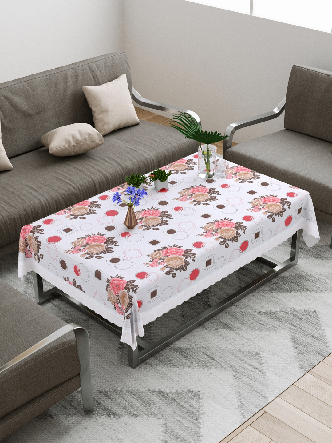 

DREAM WEAVERZ White & Pink Printed Rectangular Centre Table Cover with Border