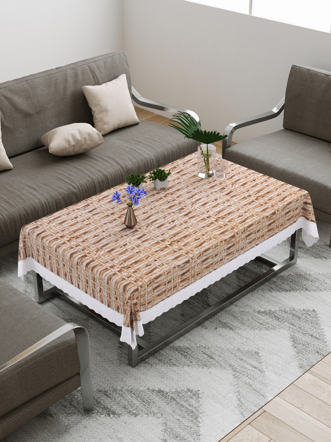 

DREAM WEAVERZ Beige & White Printed Rectangular Centre Table Cover with Stitched Border
