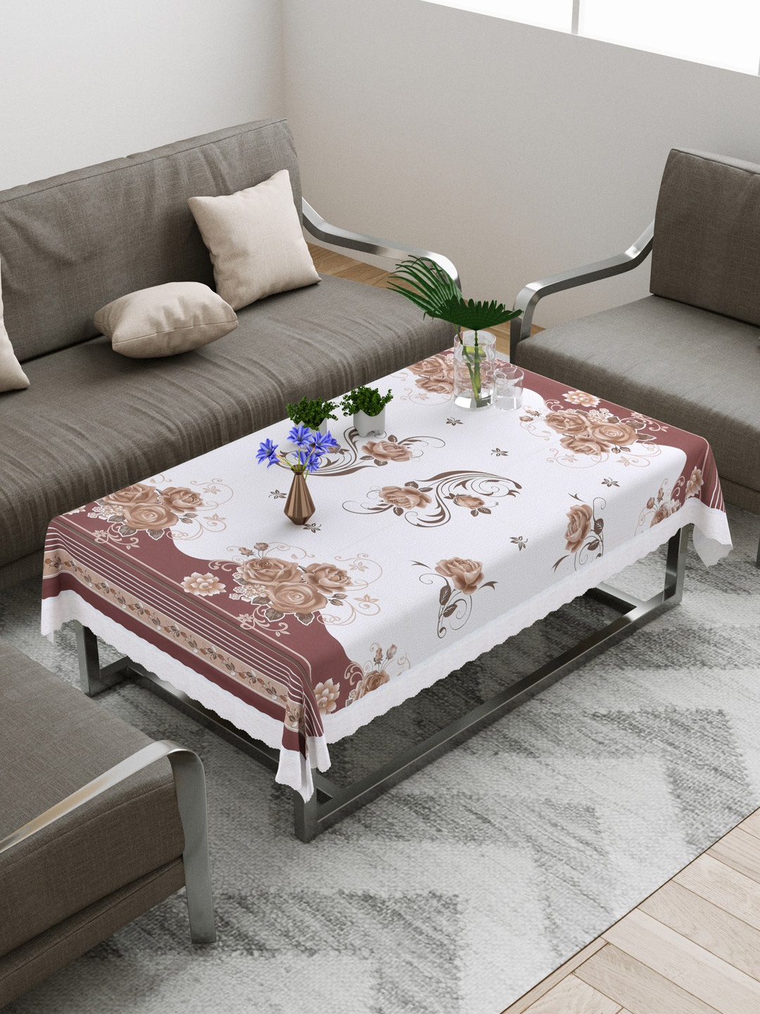 

DREAM WEAVERZ White & Maroon Floral Print Centre Table Cover With Stitched White Border