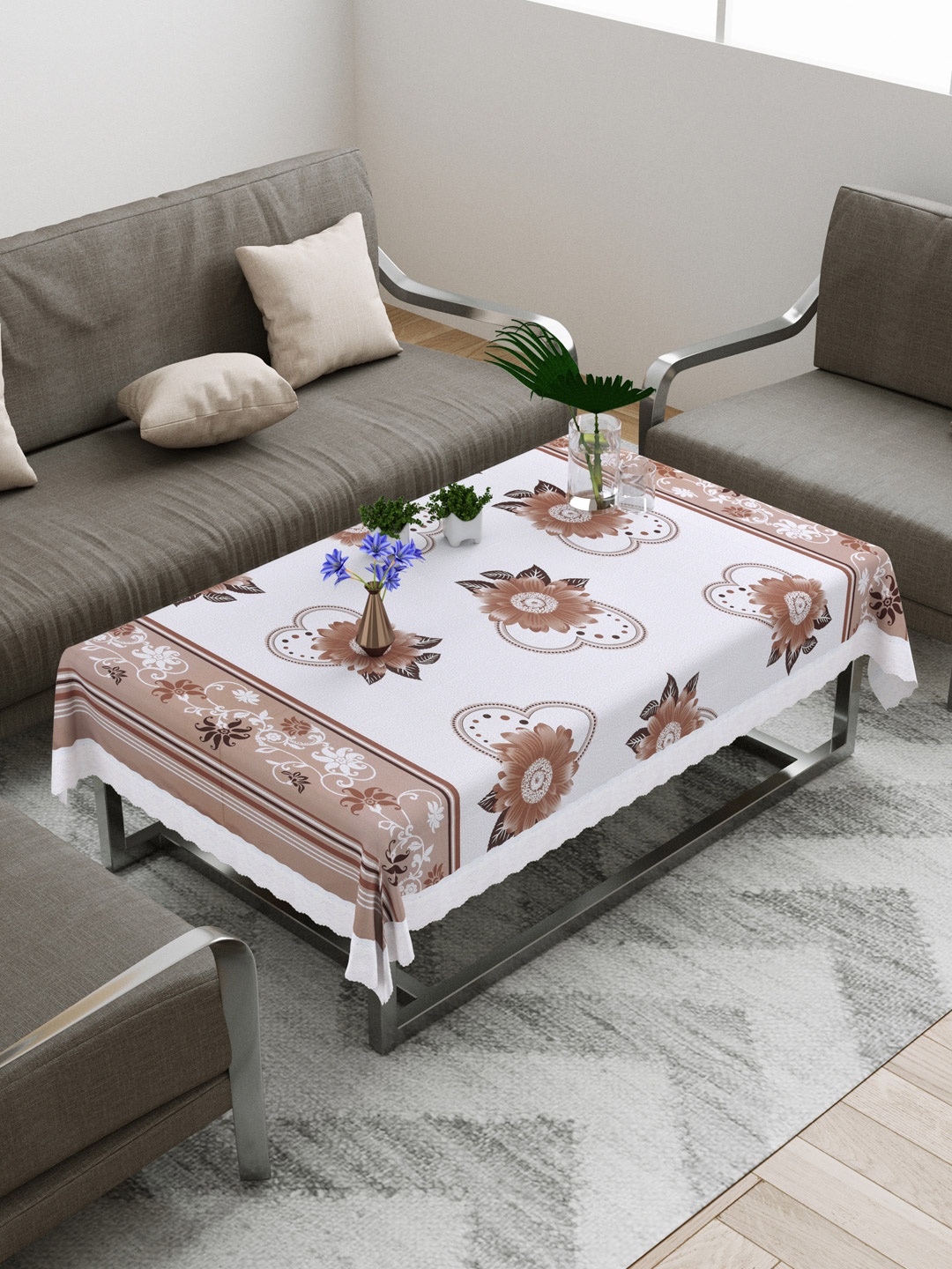 

DREAM WEAVERZ White & Beige Printed Rectangular Centre Table Cover with Stitched Border