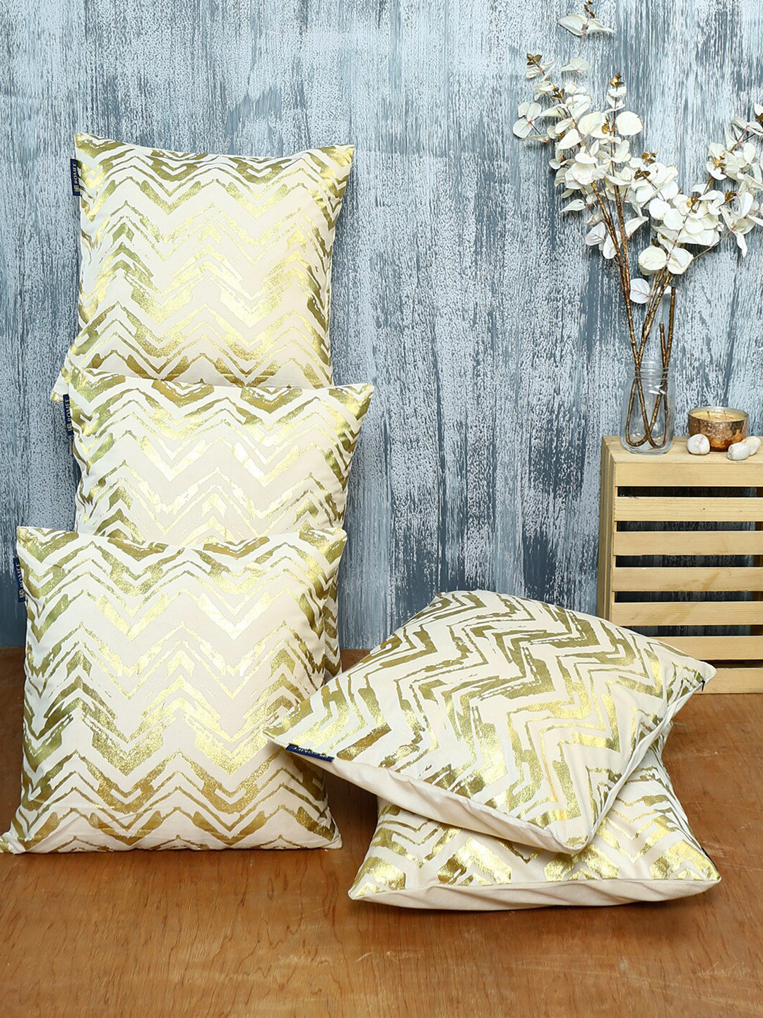 

ROMEE Cream-Coloured & Golden Set of 5 Abstract Velvet Square Cushion Covers