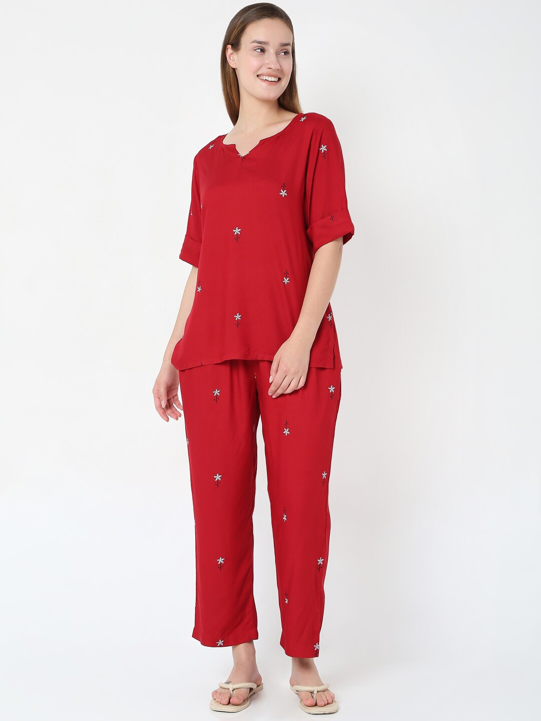 

Smarty Pants Women Maroon & White Printed Pure Cotton Night suit