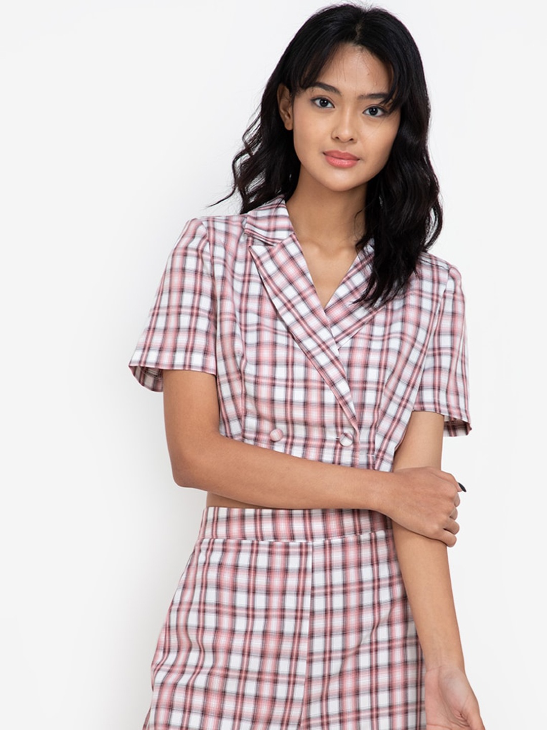 

ZALORA BASICS Multi-Coloured Checked Short Sleeve Cropped Blazer
