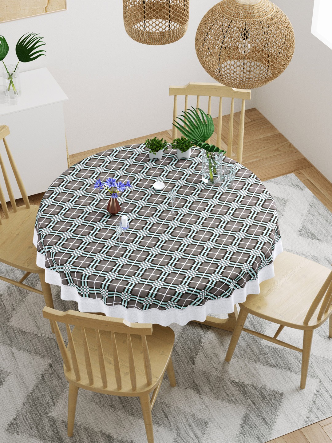

DREAM WEAVERZ Grey & Turquoise Checkered Round Table Cover With Stitched White Border