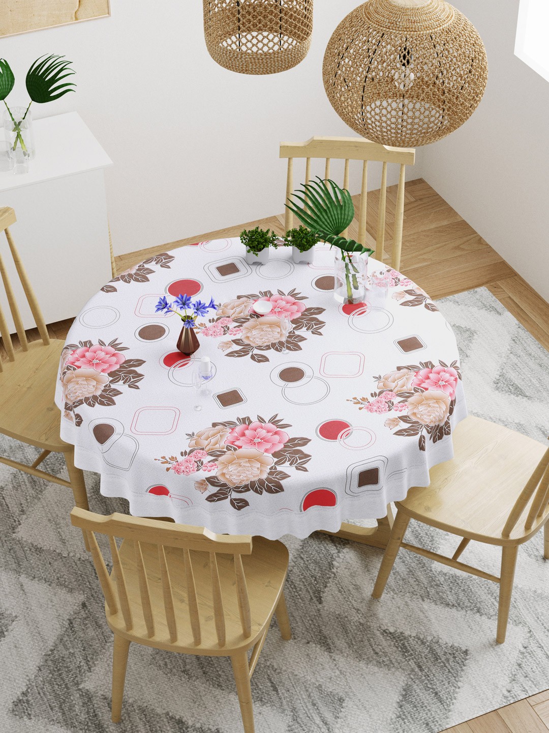 

DREAM WEAVERZ White & Brown Colored Floral Printed 4 Seater Round Dining Table Cover
