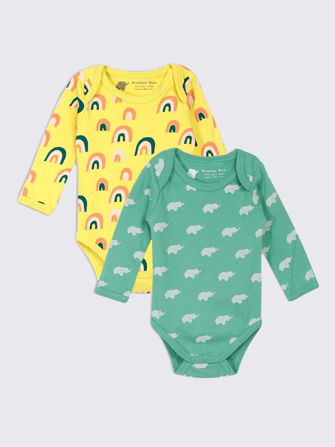 

Mamas Boo Unisex Infant Green & Yellow Printed Cotton Sustainable Bodysuit Pack of 2